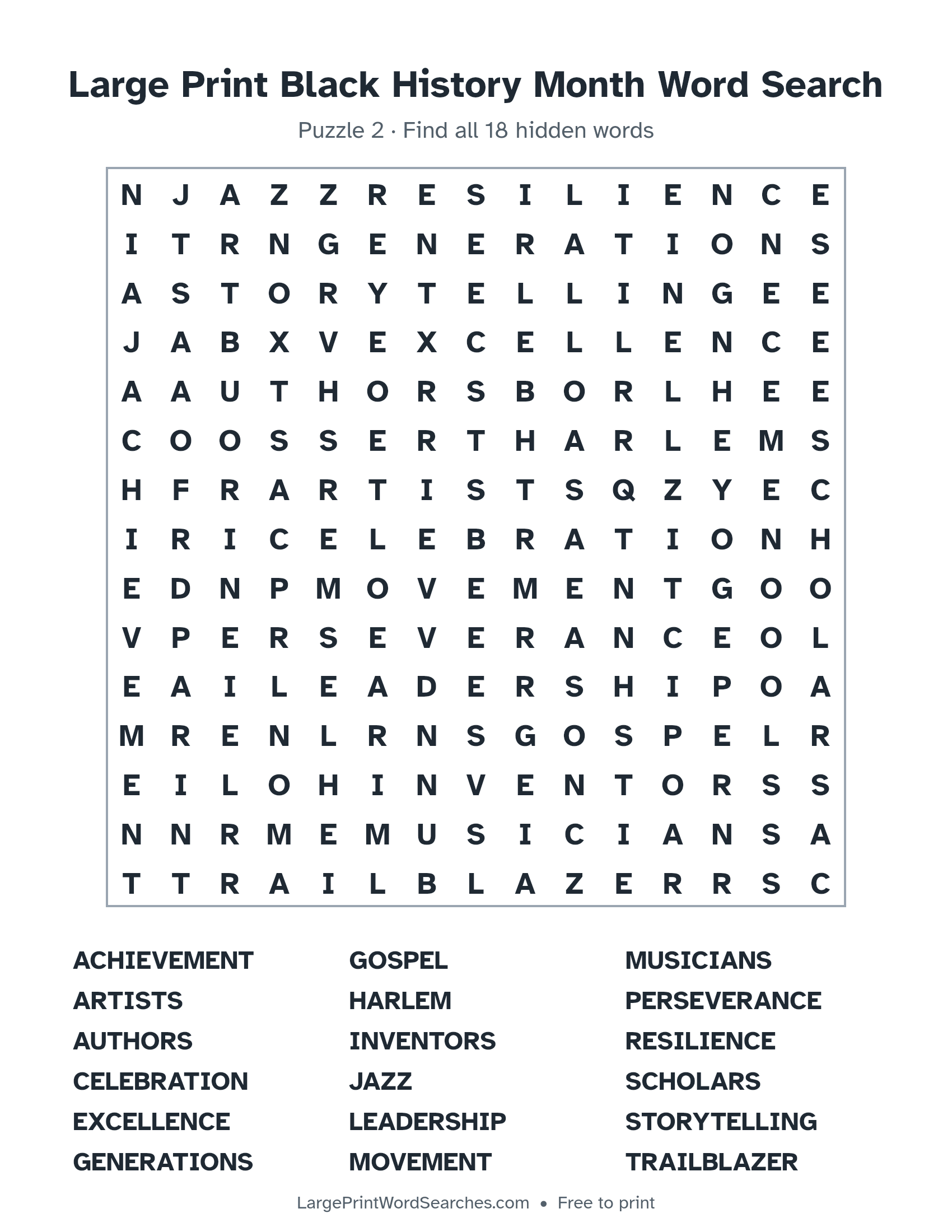Large Print Black History Month Word Search puzzle 2: a 15 by 15 letter grid with 18 hidden words in large print