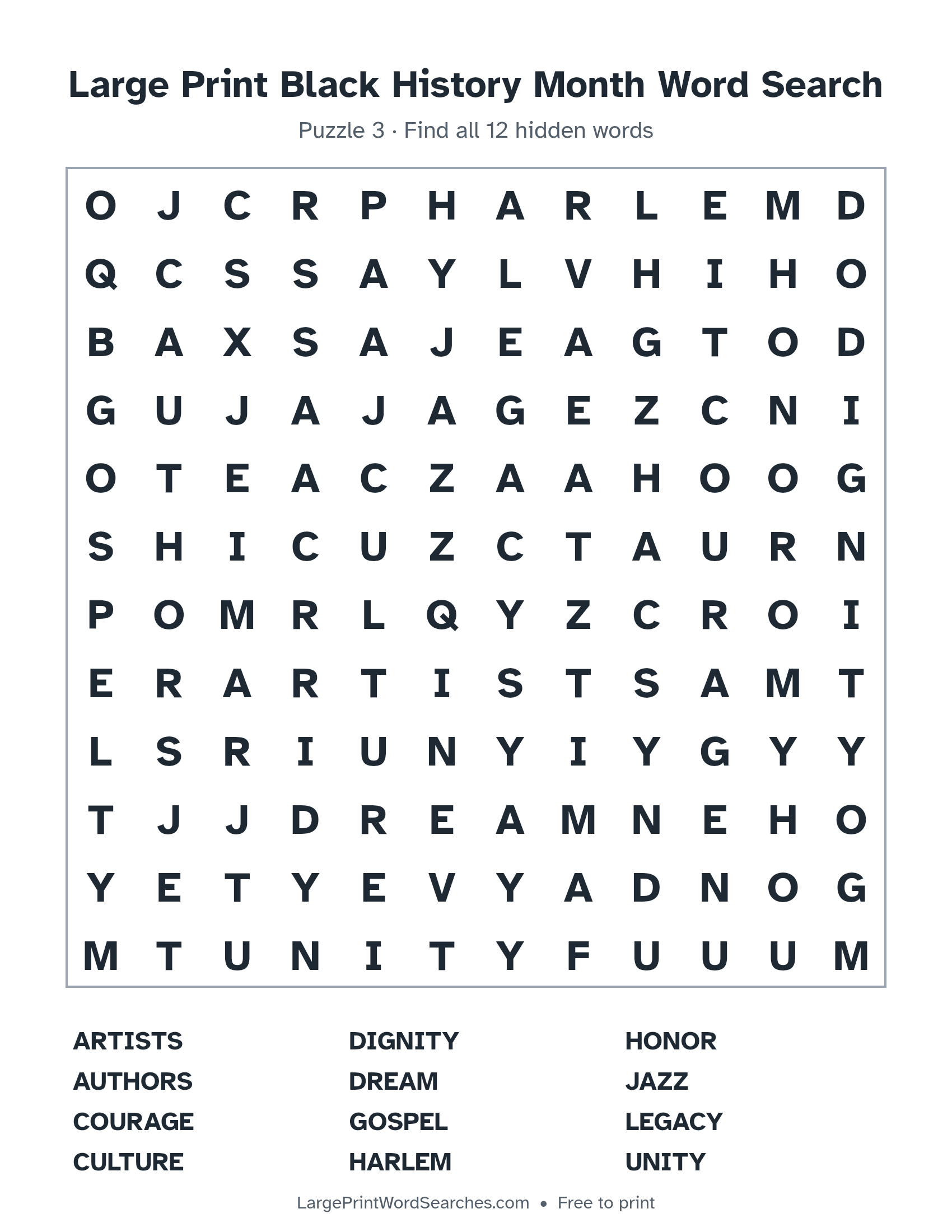 Large Print Black History Month Word Search puzzle 3: a 12 by 12 letter grid with 12 hidden words in large print