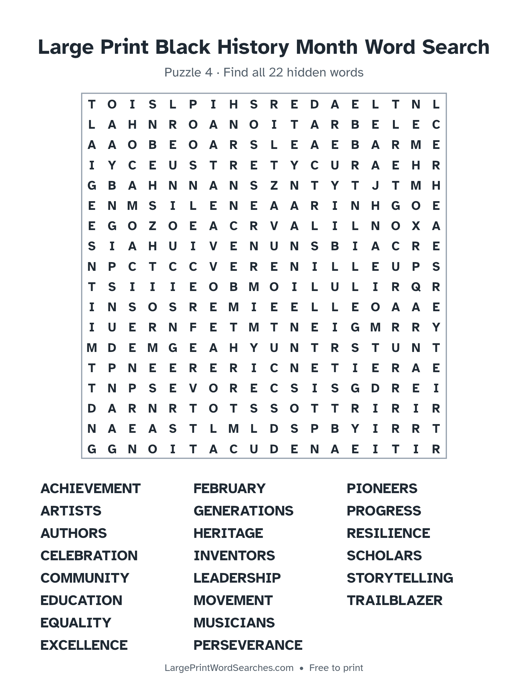 Large Print Black History Month Word Search puzzle 4: a 18 by 18 letter grid with 22 hidden words in large print