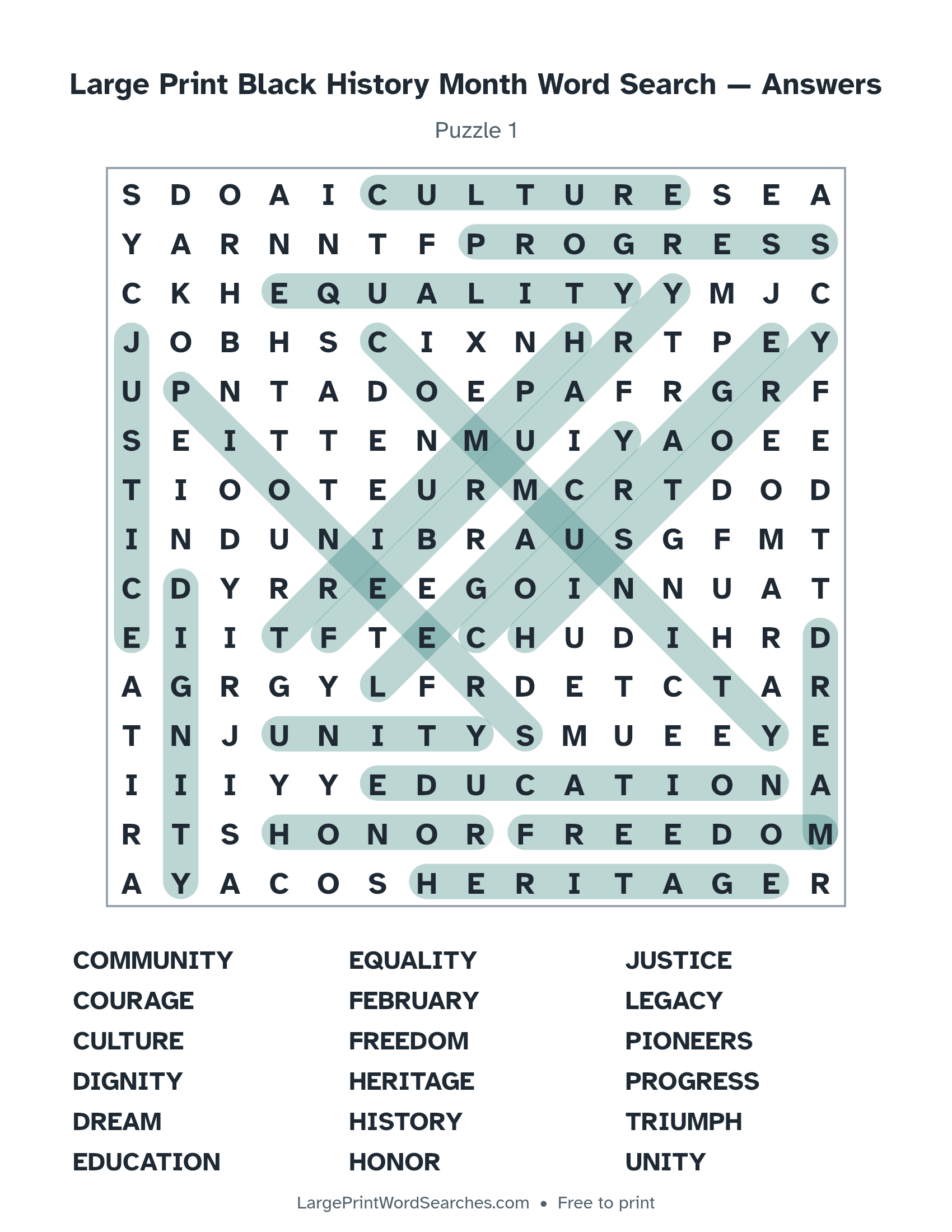 Answer key for large print black history month word search puzzle 1 with every hidden word highlighted