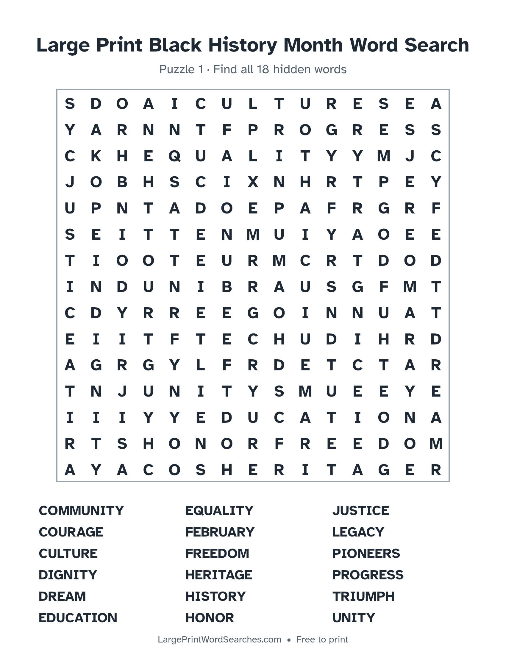 Large Print Black History Month Word Search puzzle 1: a 15 by 15 letter grid with 18 hidden words in large print