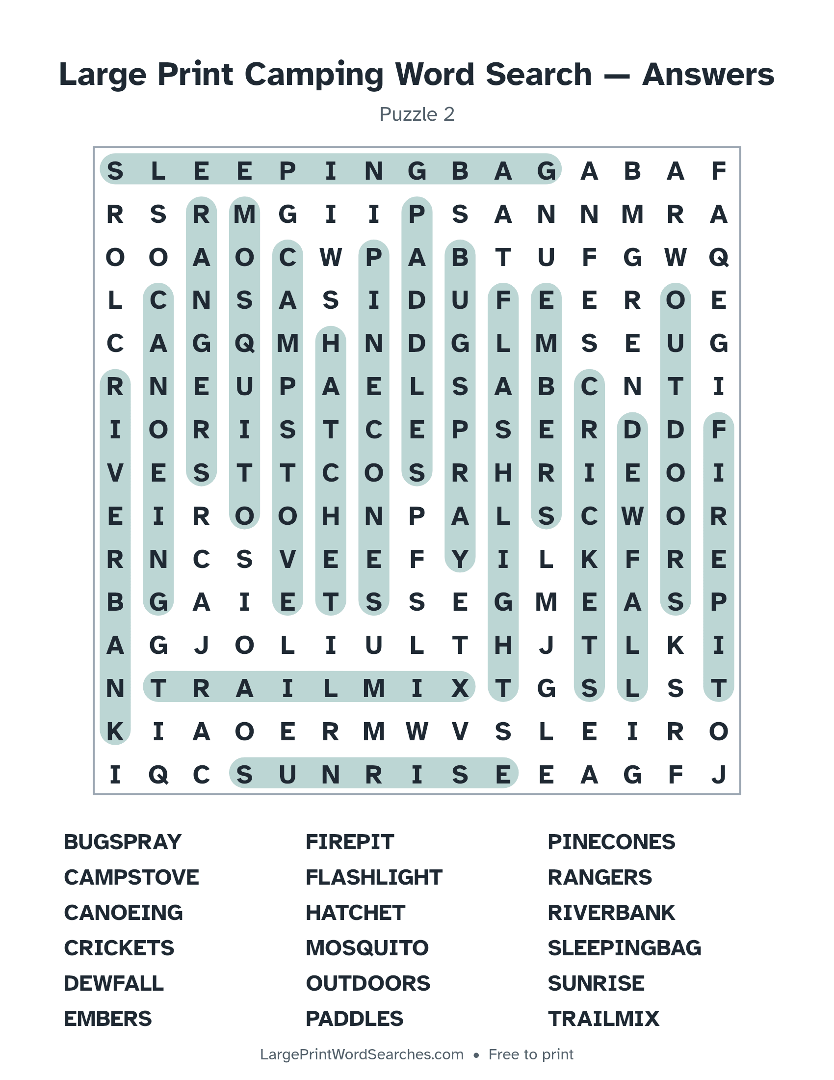 Answer key for large print camping word search puzzle 2 with every hidden word highlighted