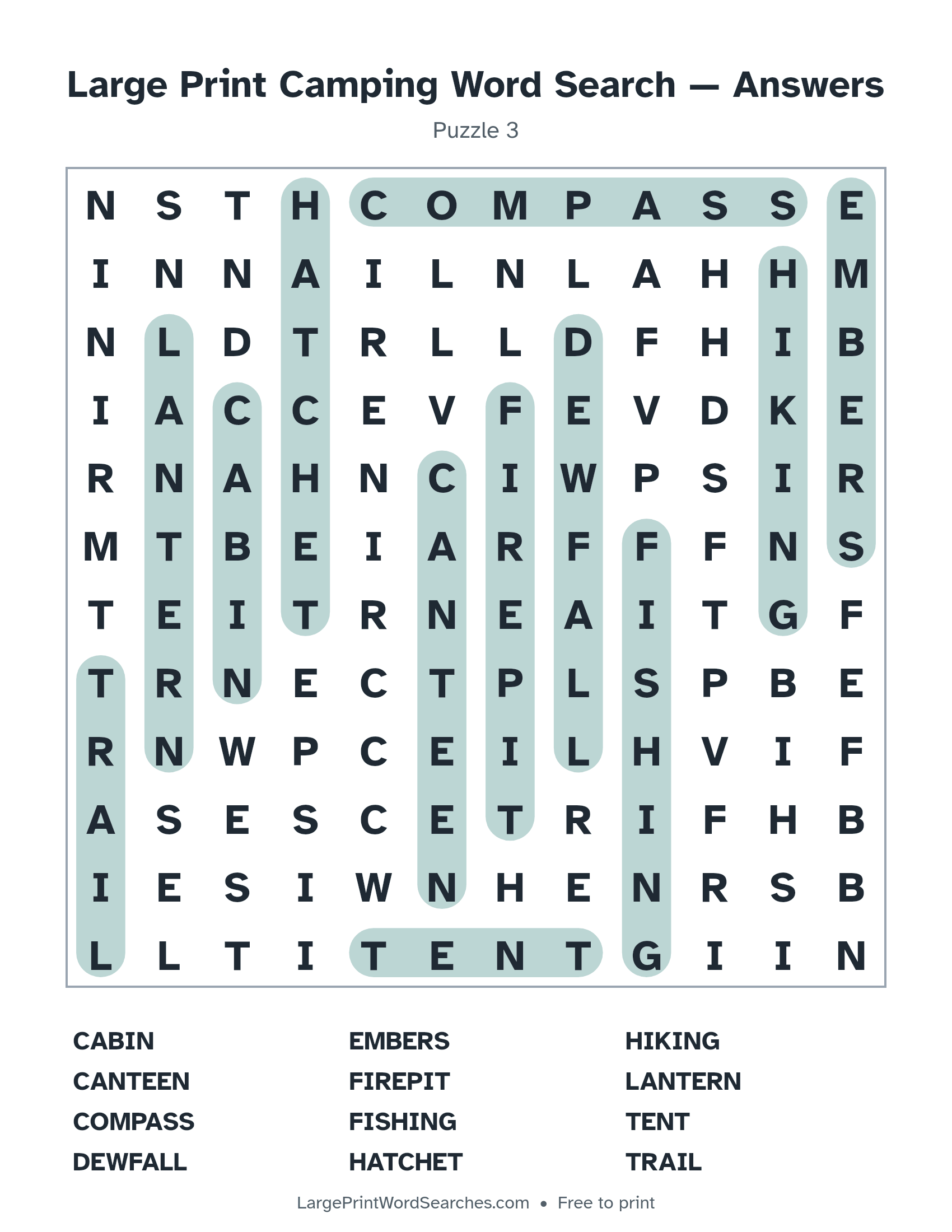 Answer key for large print camping word search puzzle 3 with every hidden word highlighted