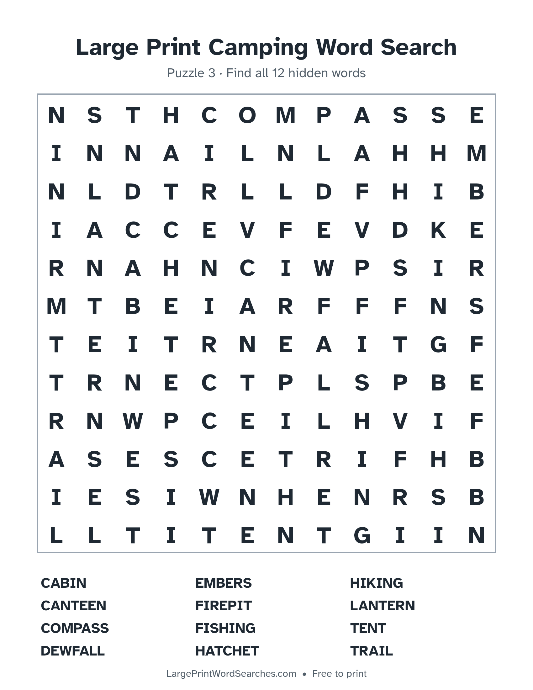 Large Print Camping Word Search puzzle 3: a 12 by 12 letter grid with 12 hidden words in large print