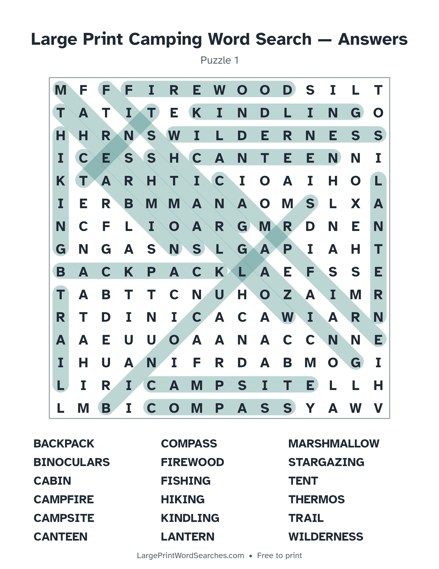 Answer key for large print camping word search puzzle 1 with every hidden word highlighted