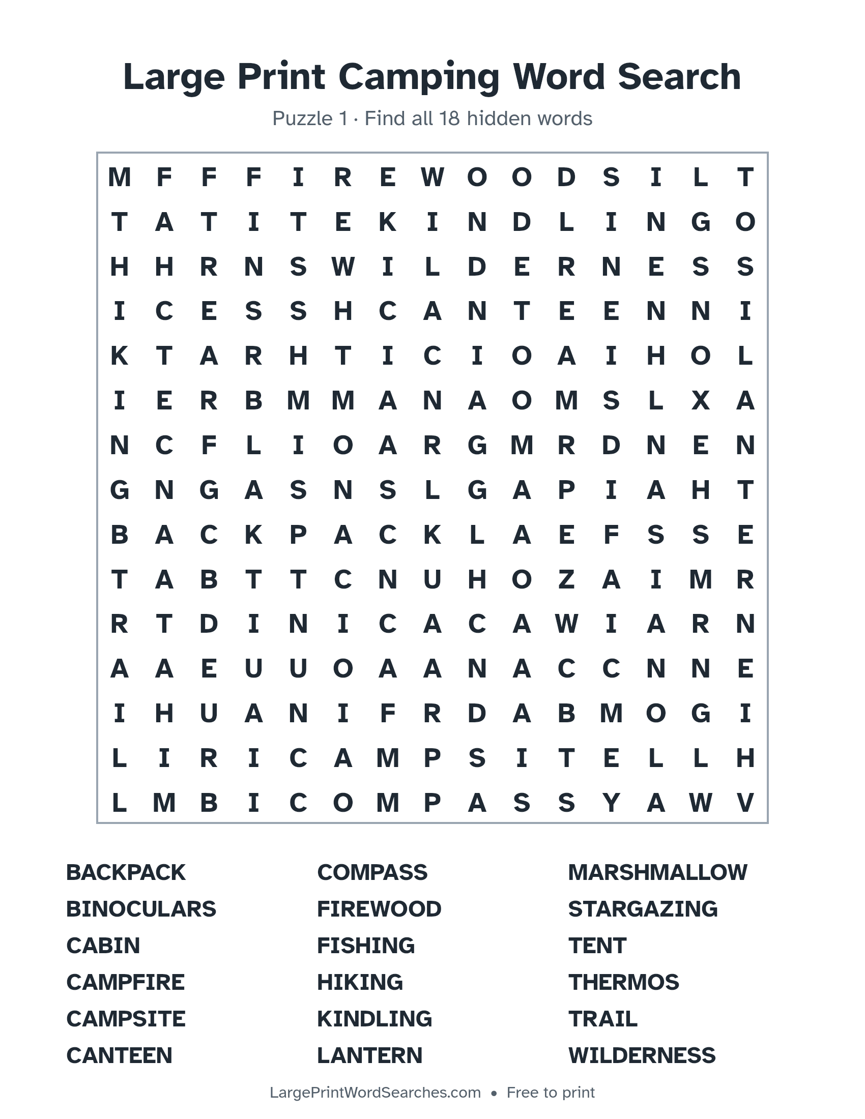 Large Print Camping Word Search puzzle 1: a 15 by 15 letter grid with 18 hidden words in large print