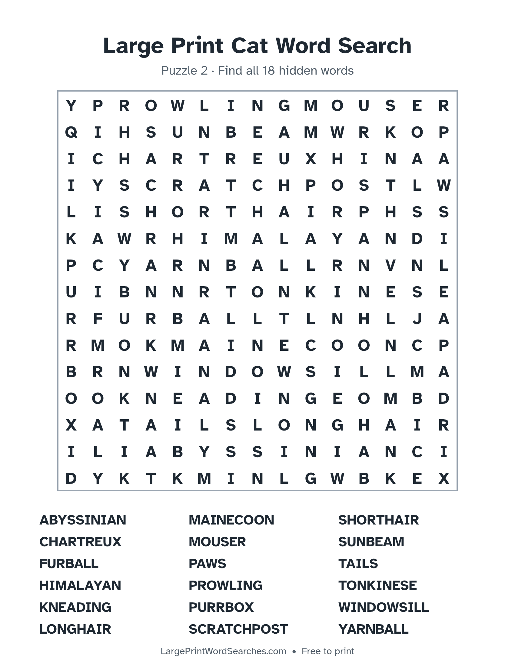 Large Print Cat Word Search puzzle 2: a 15 by 15 letter grid with 18 hidden words in large print