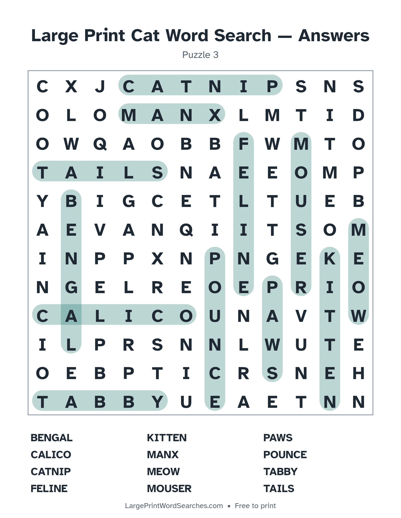 Answer key for large print cat word search puzzle 3 with every hidden word highlighted