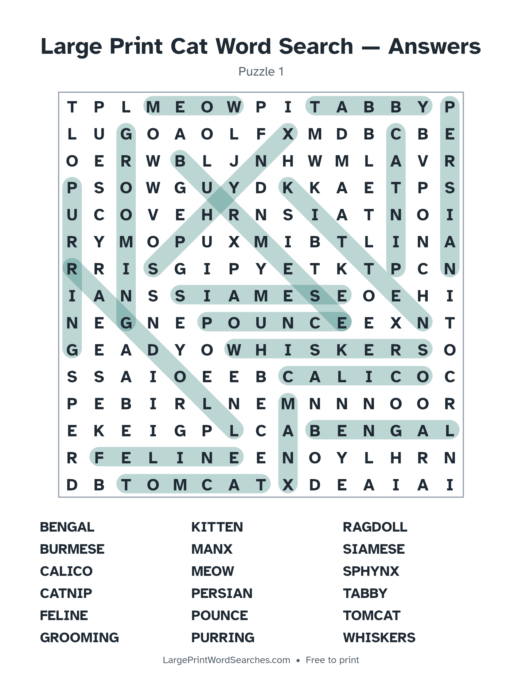 Answer key for large print cat word search puzzle 1 with every hidden word highlighted