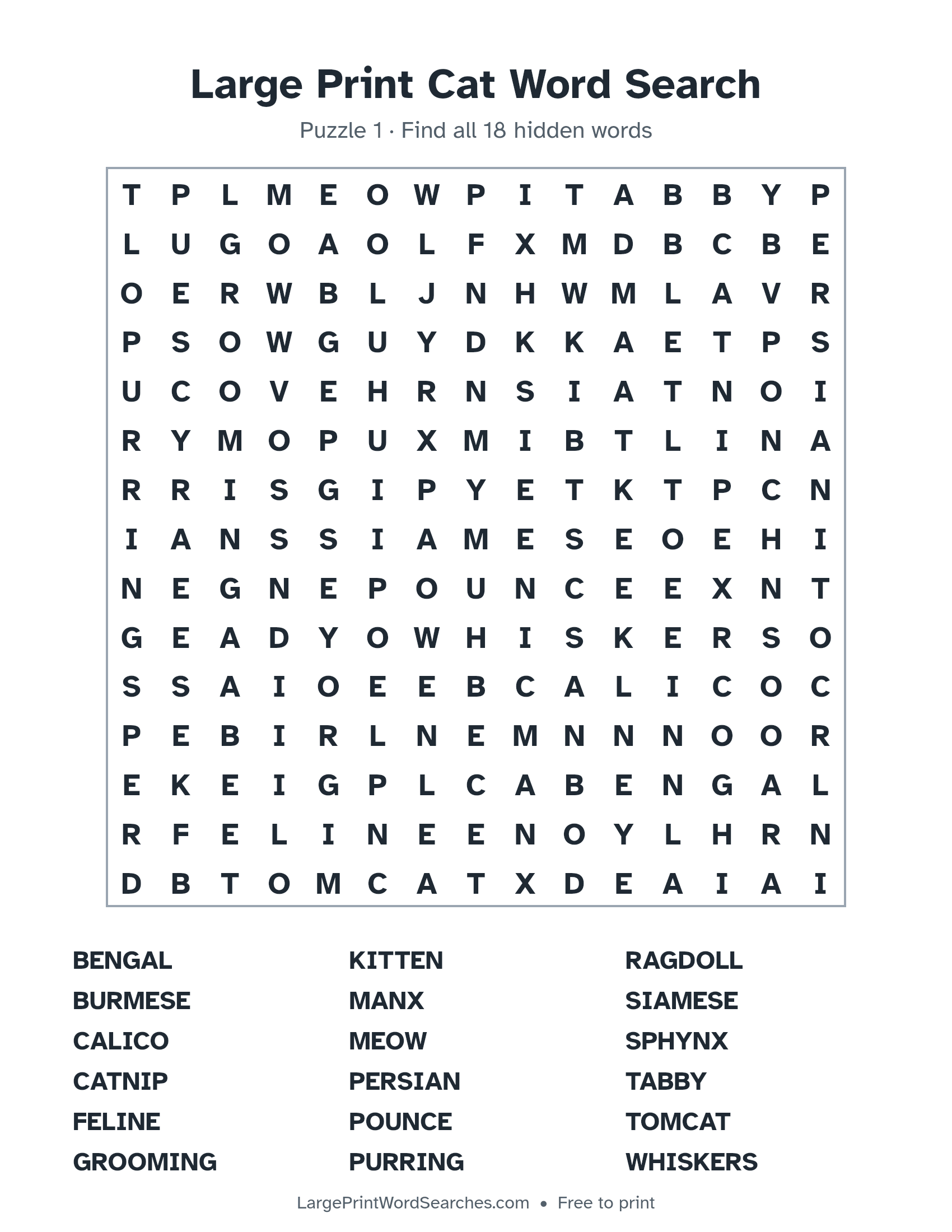 Large Print Cat Word Search puzzle 1: a 15 by 15 letter grid with 18 hidden words in large print