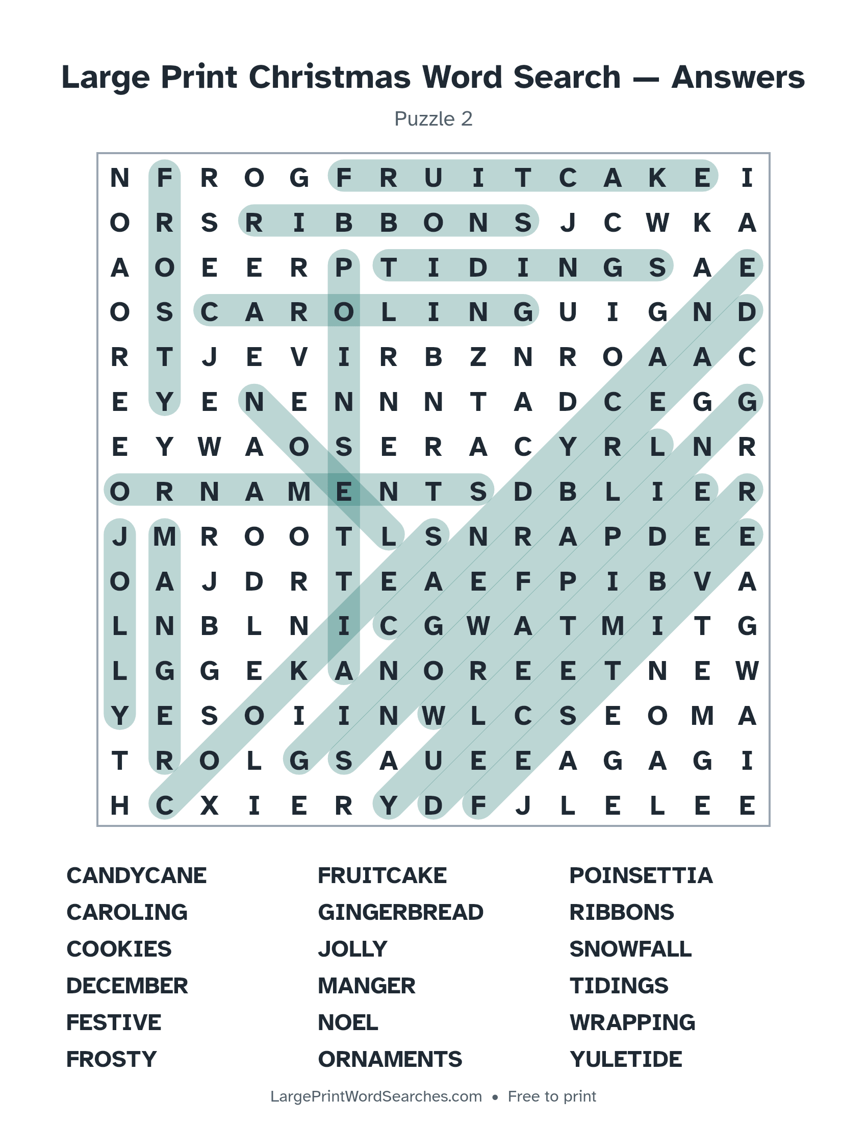Answer key for large print christmas word search puzzle 2 with every hidden word highlighted