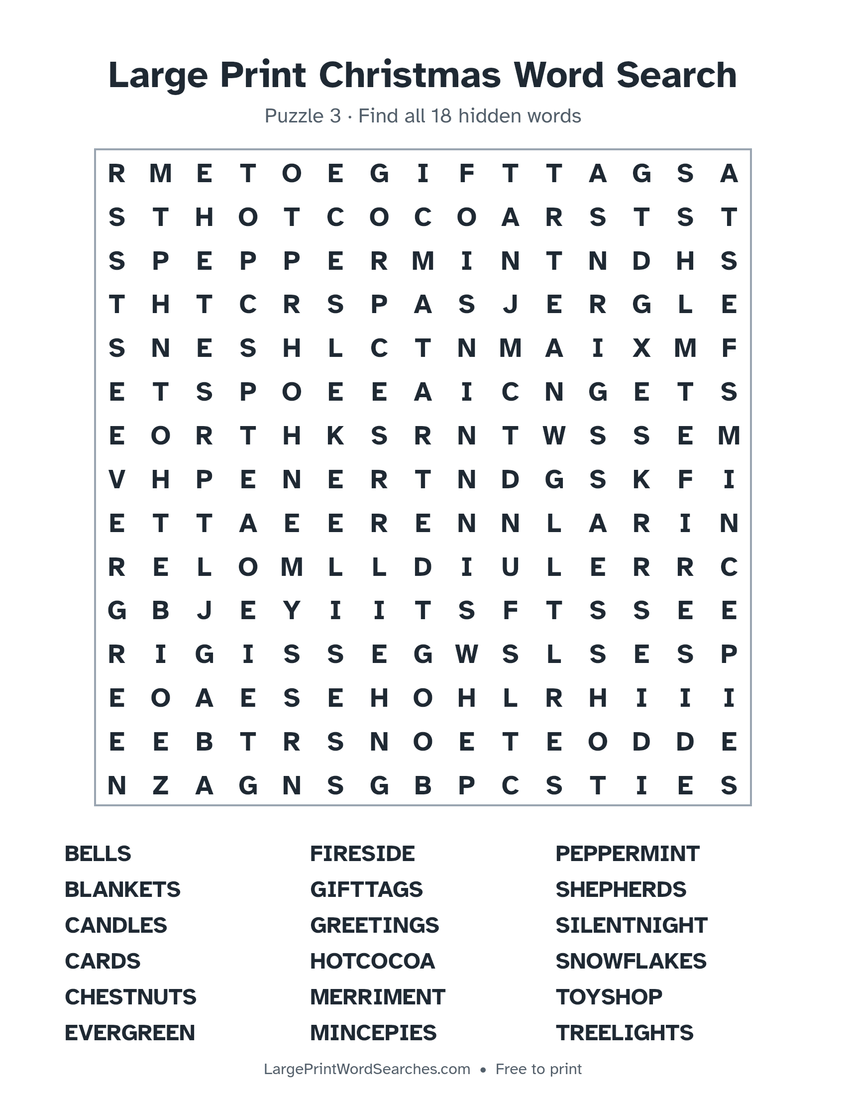 Large Print Christmas Word Search puzzle 3: a 15 by 15 letter grid with 18 hidden words in large print