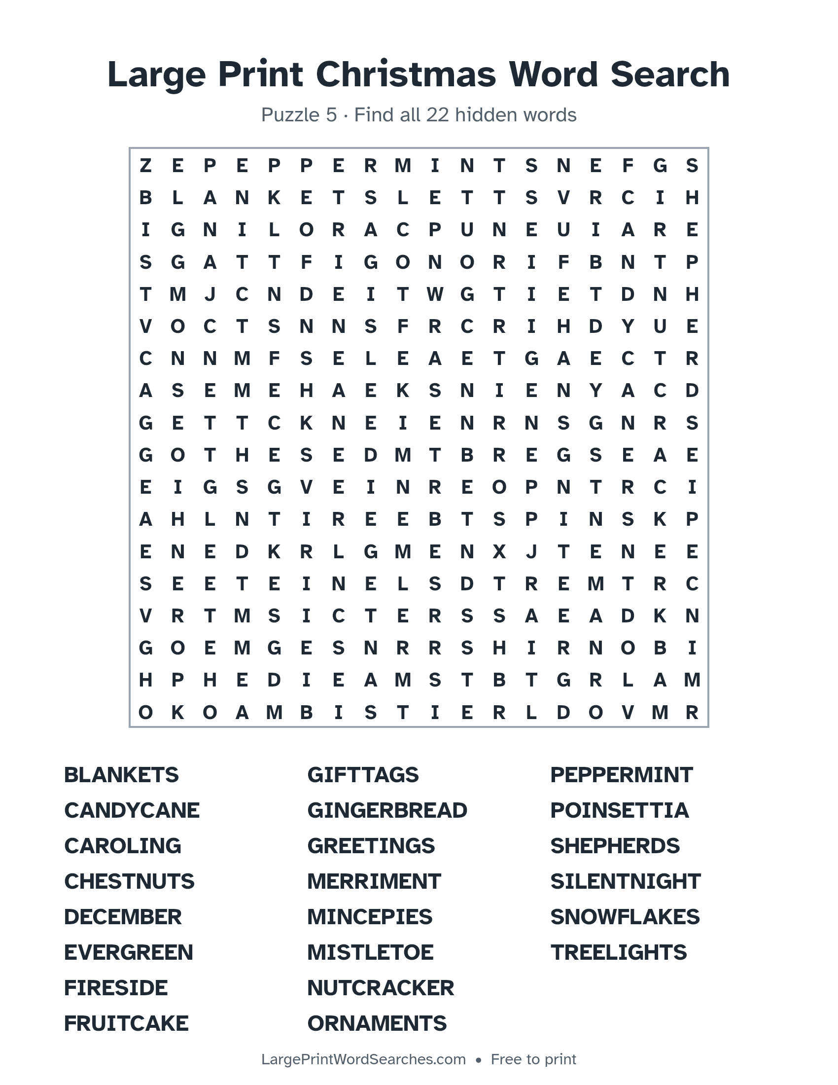 Large Print Christmas Word Search puzzle 5: a 18 by 18 letter grid with 22 hidden words in large print