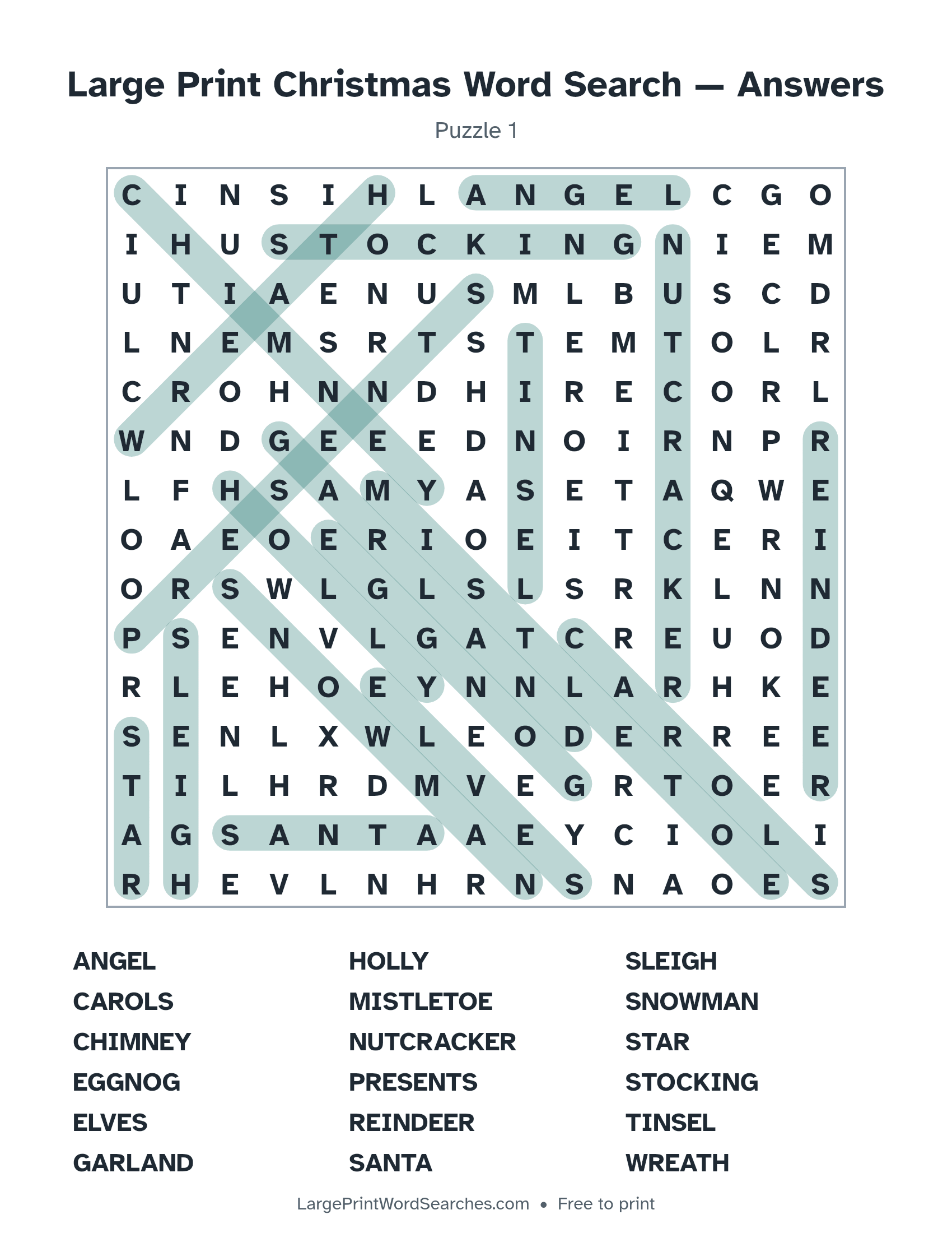 Answer key for large print christmas word search puzzle 1 with every hidden word highlighted