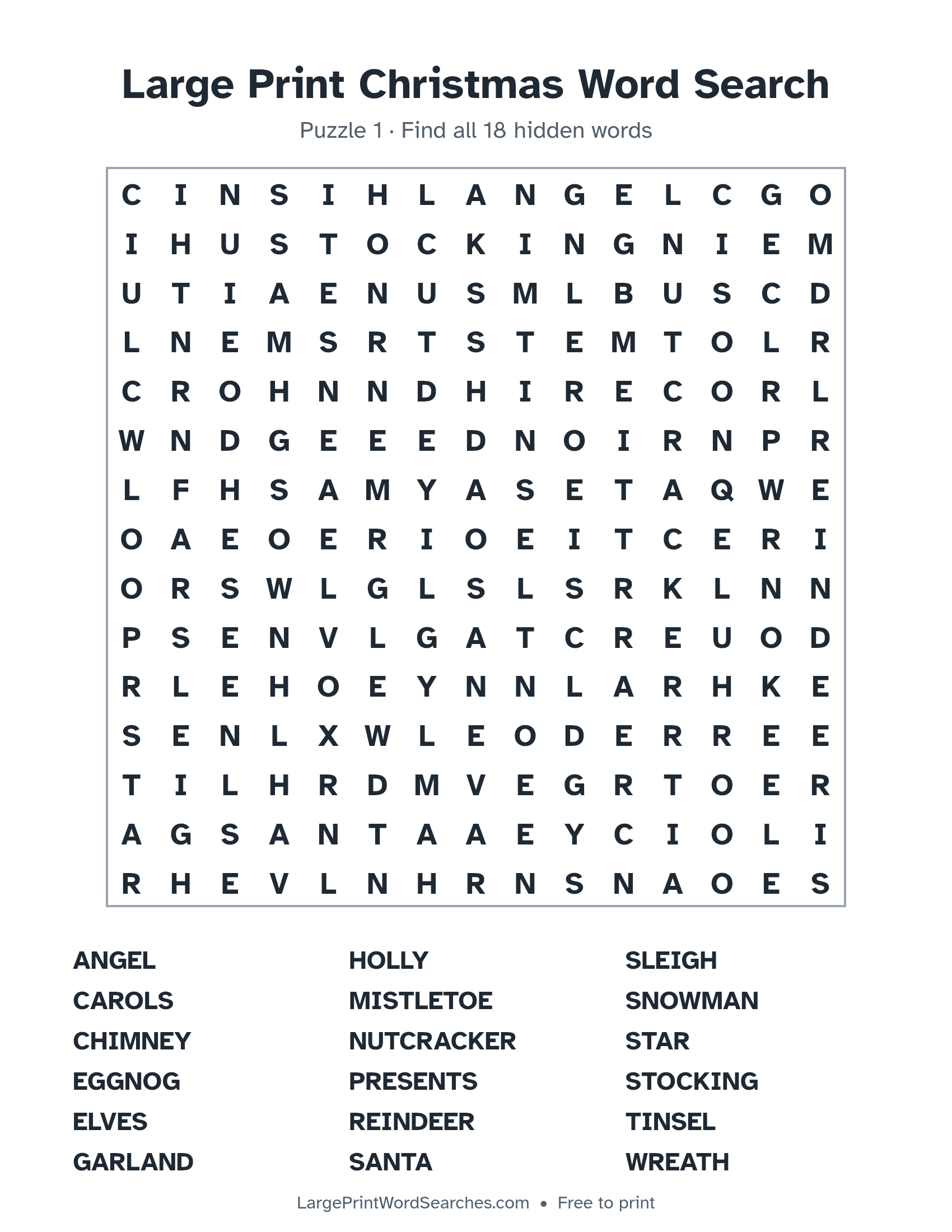 Large Print Christmas Word Search puzzle 1: a 15 by 15 letter grid with 18 hidden words in large print