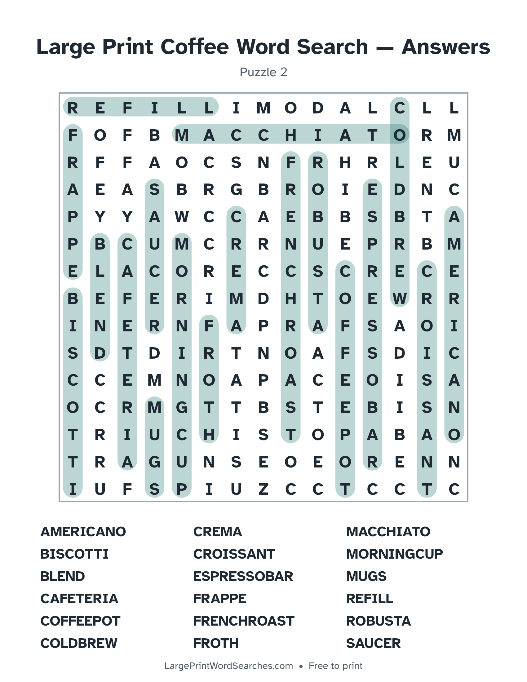 Answer key for large print coffee word search puzzle 2 with every hidden word highlighted