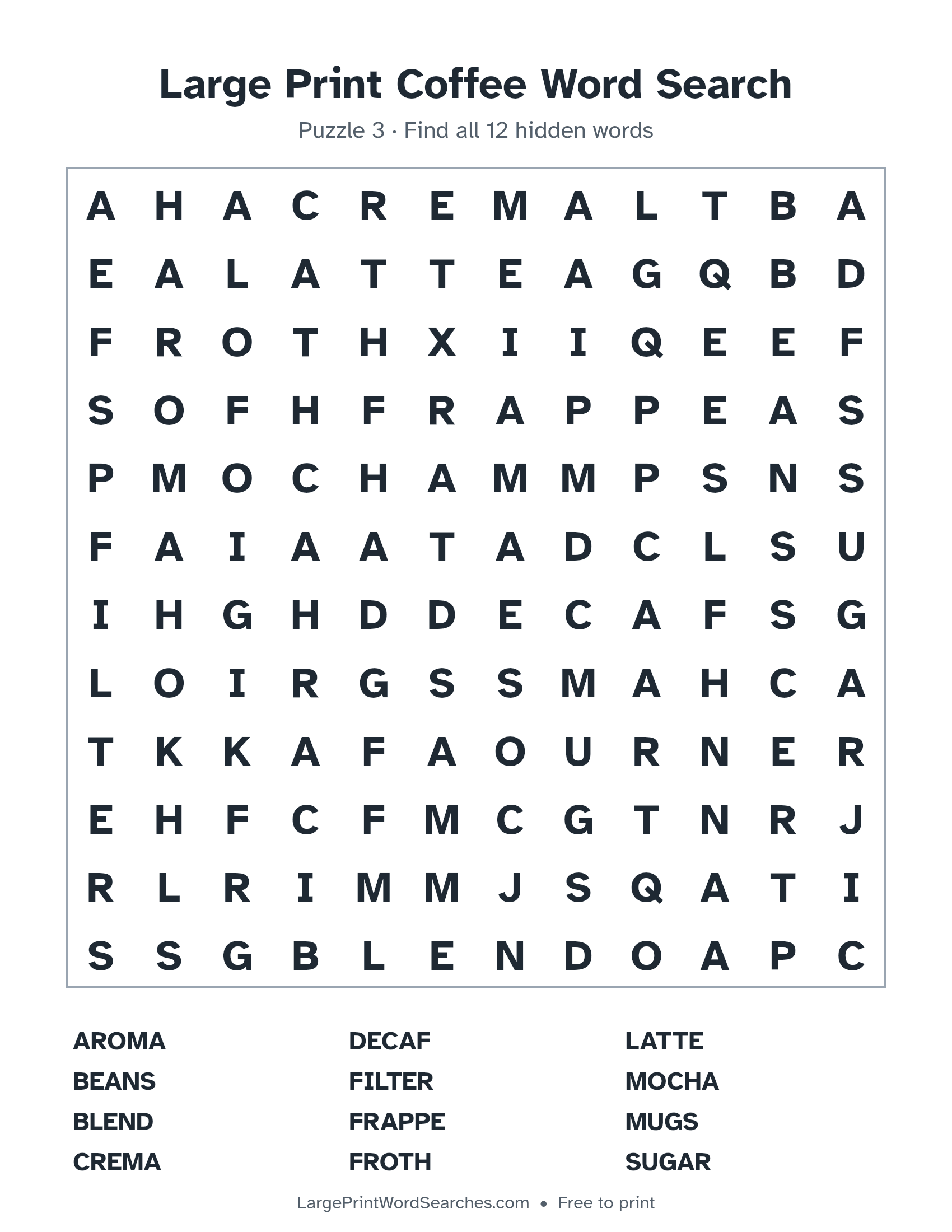 Large Print Coffee Word Search puzzle 3: a 12 by 12 letter grid with 12 hidden words in large print