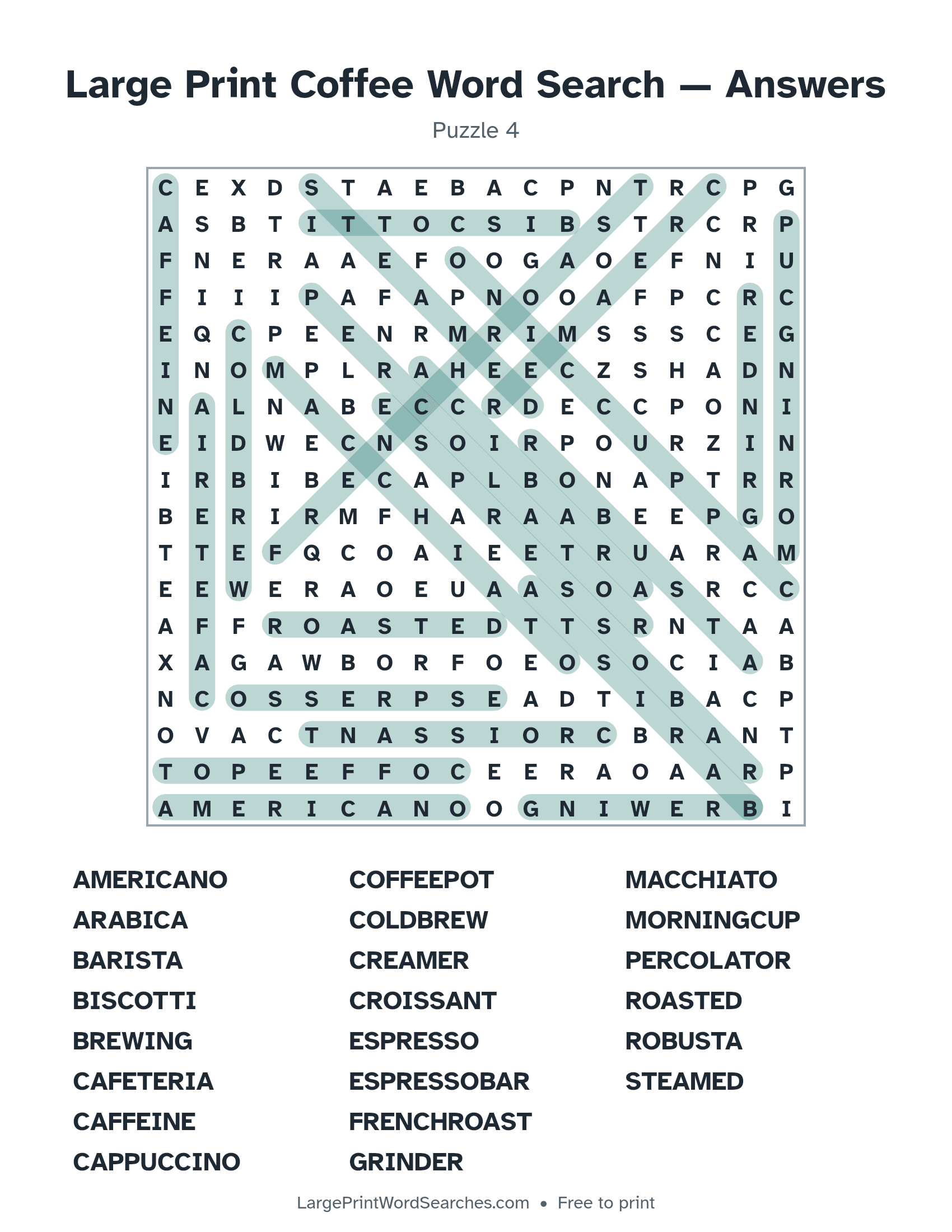 Answer key for large print coffee word search puzzle 4 with every hidden word highlighted