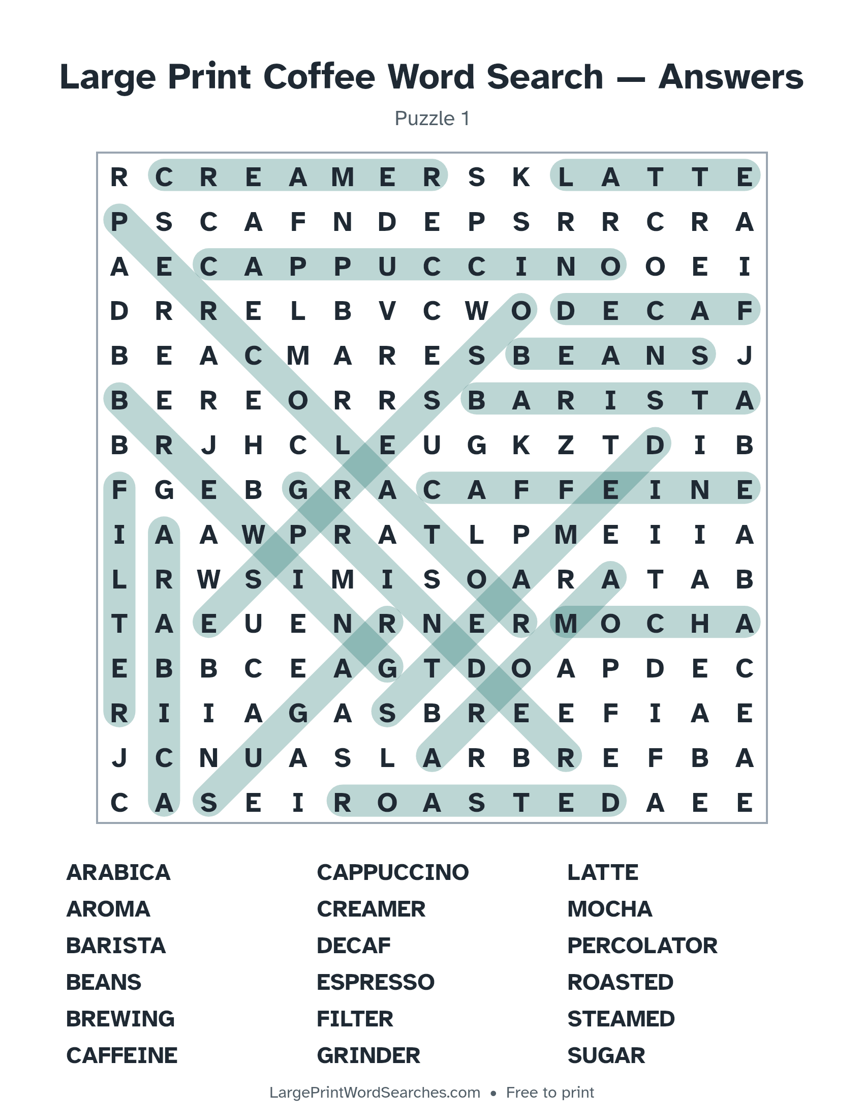 Answer key for large print coffee word search puzzle 1 with every hidden word highlighted