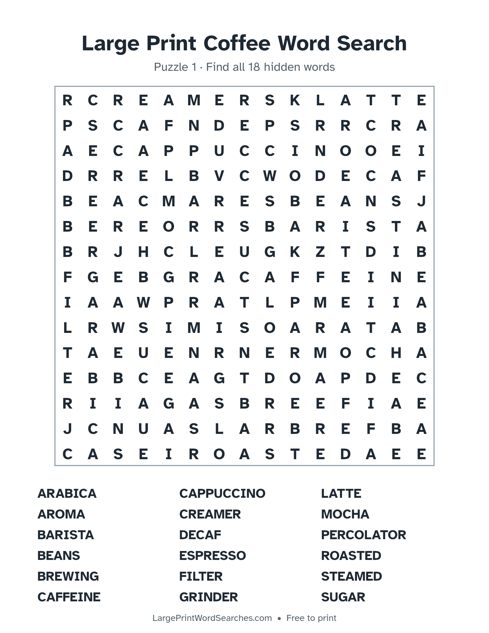 Large Print Coffee Word Search puzzle 1: a 15 by 15 letter grid with 18 hidden words in large print