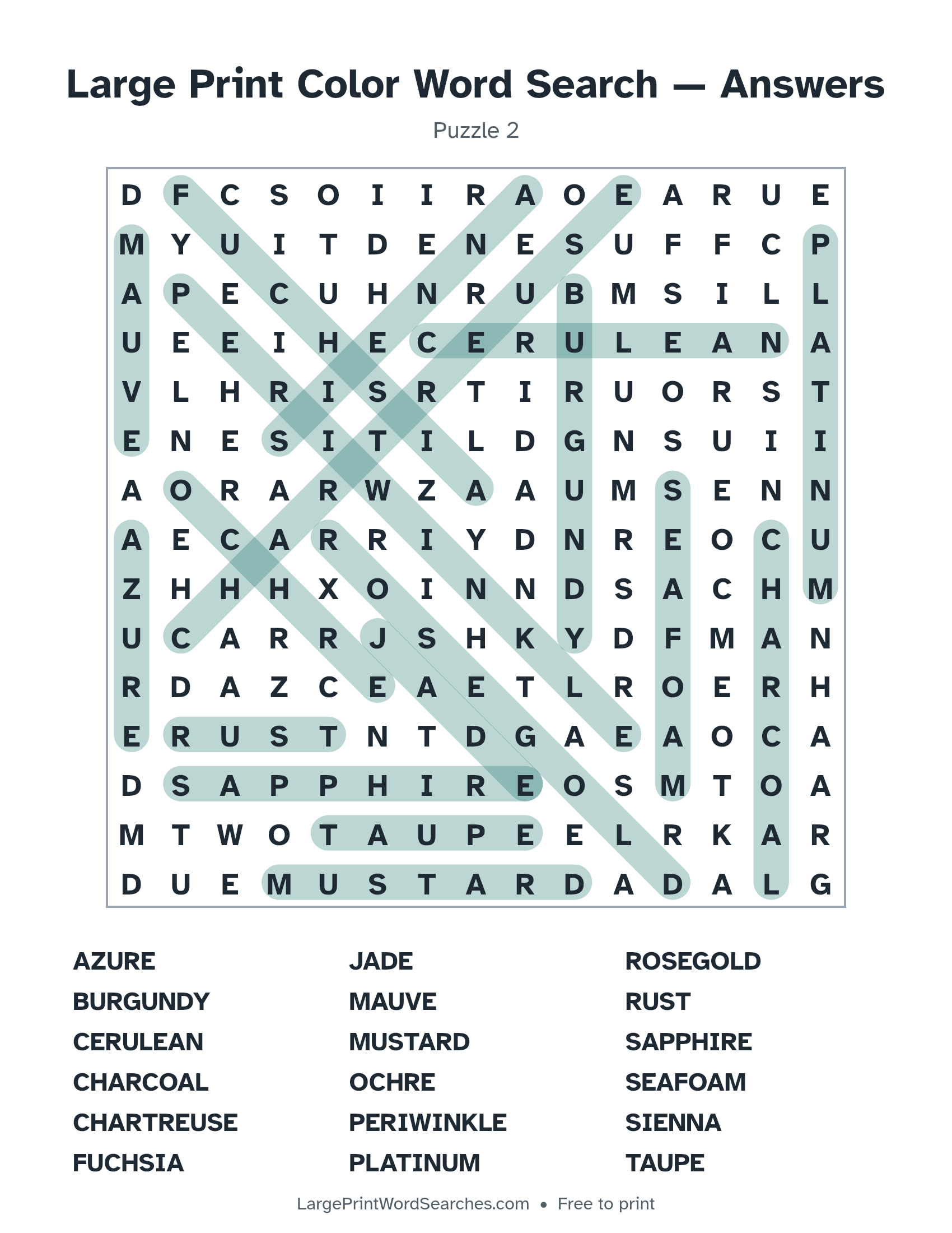 Answer key for large print color word search puzzle 2 with every hidden word highlighted
