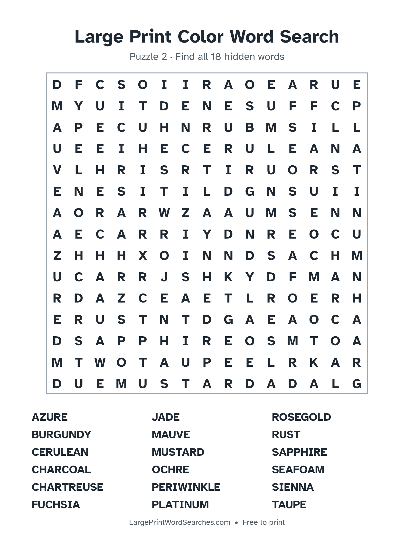 Large Print Color Word Search puzzle 2: a 15 by 15 letter grid with 18 hidden words in large print