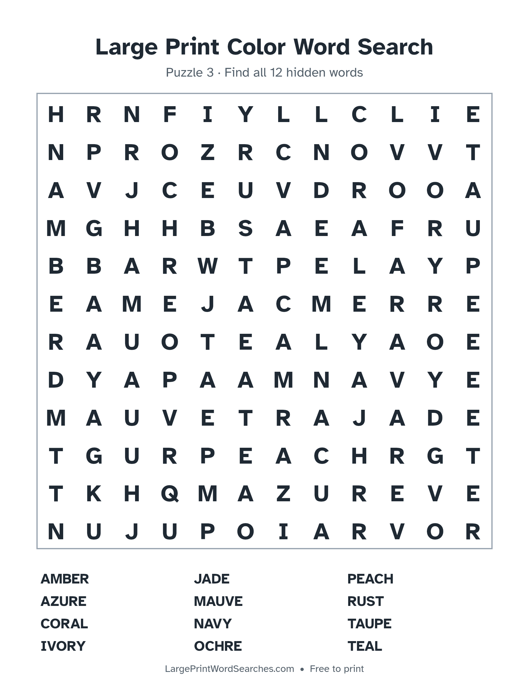 Large Print Color Word Search puzzle 3: a 12 by 12 letter grid with 12 hidden words in large print