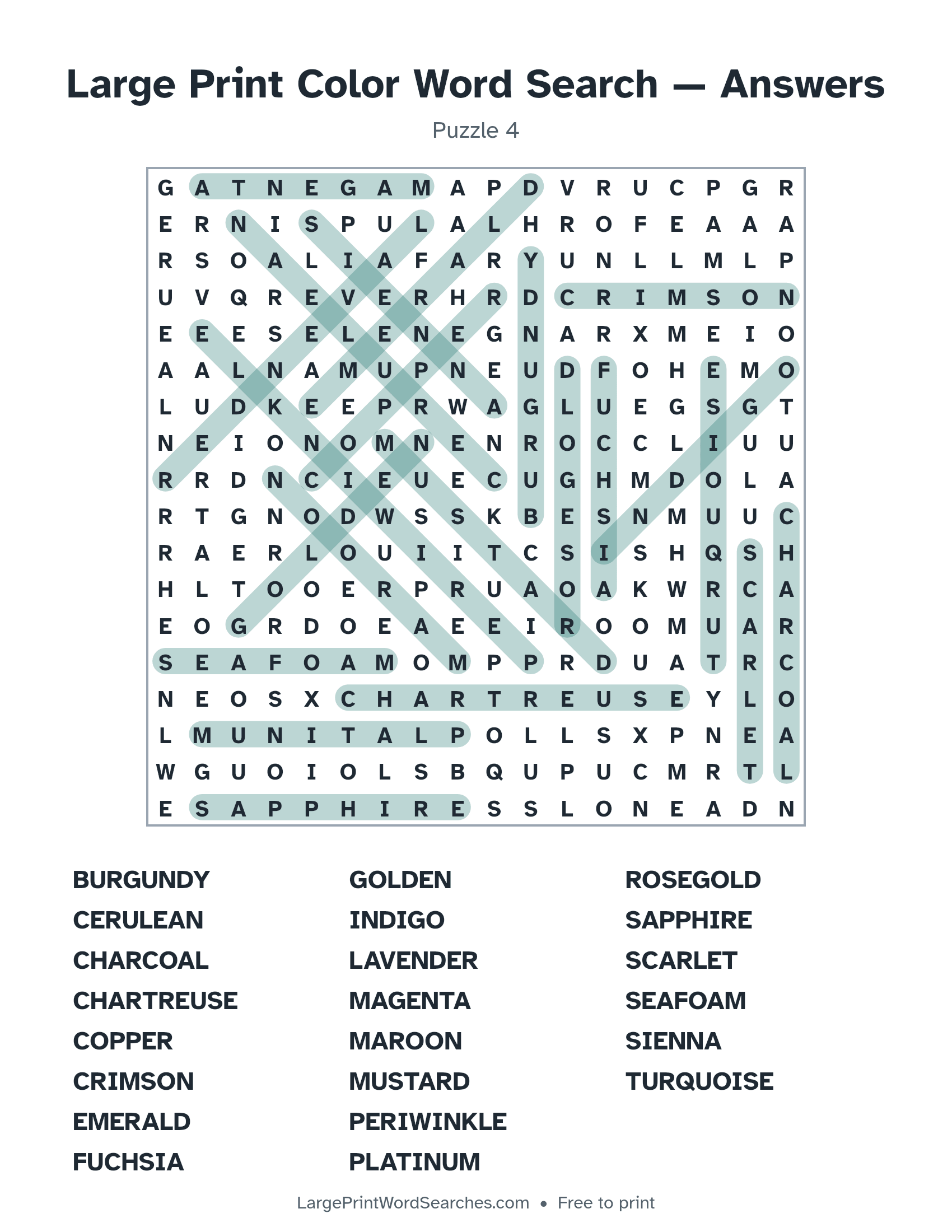 Answer key for large print color word search puzzle 4 with every hidden word highlighted