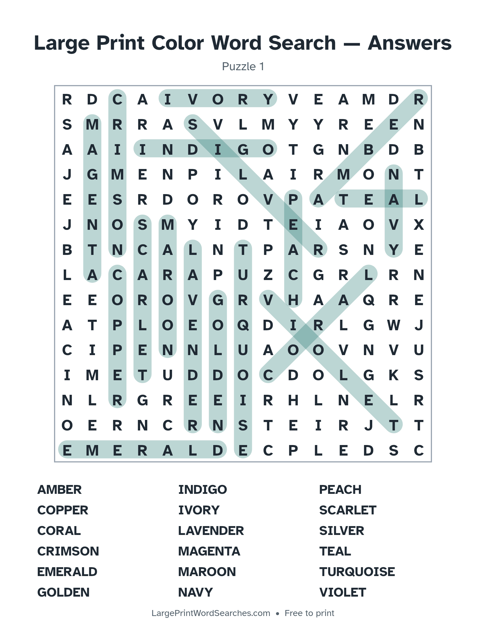 Answer key for large print color word search puzzle 1 with every hidden word highlighted