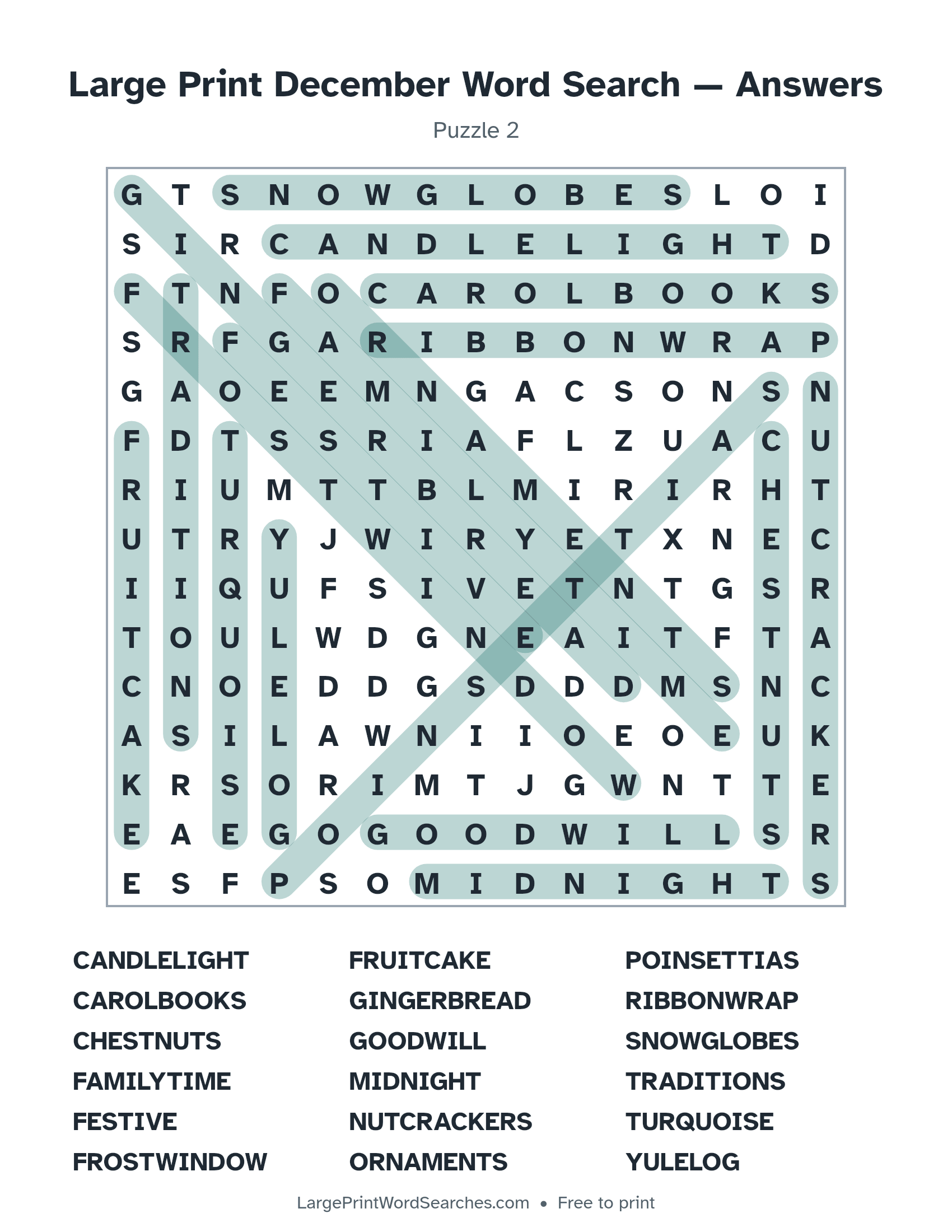 Answer key for large print december word search puzzle 2 with every hidden word highlighted