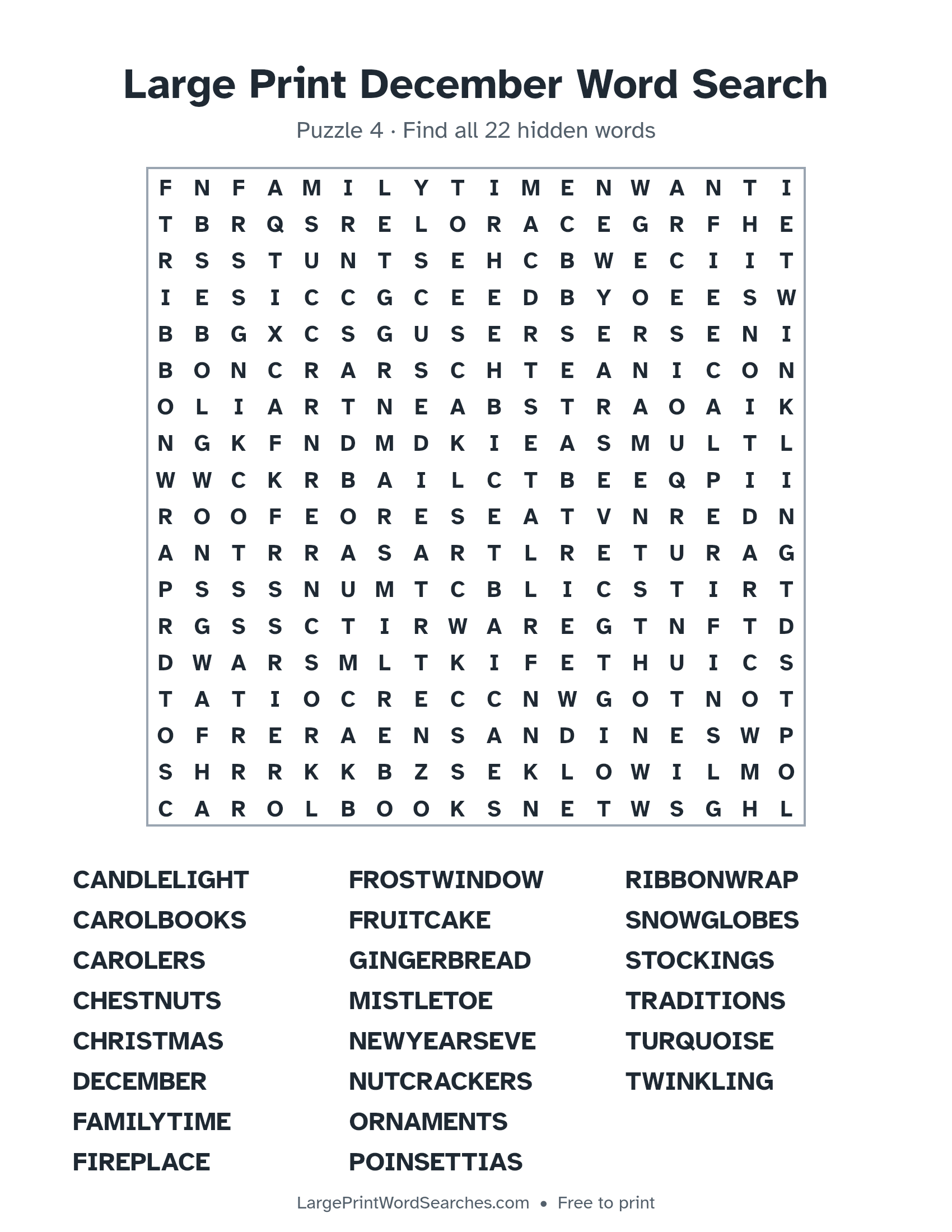 Large Print December Word Search puzzle 4: a 18 by 18 letter grid with 22 hidden words in large print
