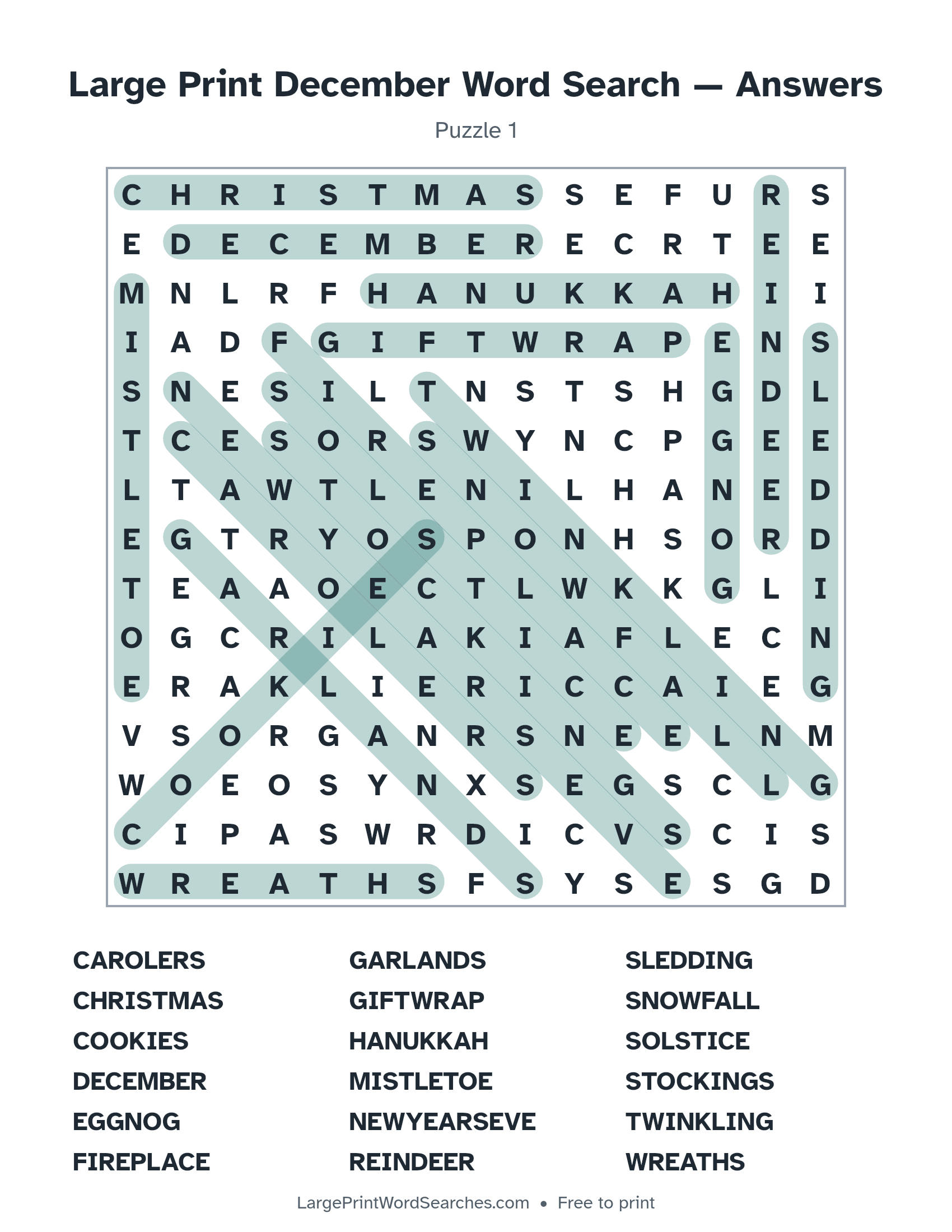 Answer key for large print december word search puzzle 1 with every hidden word highlighted
