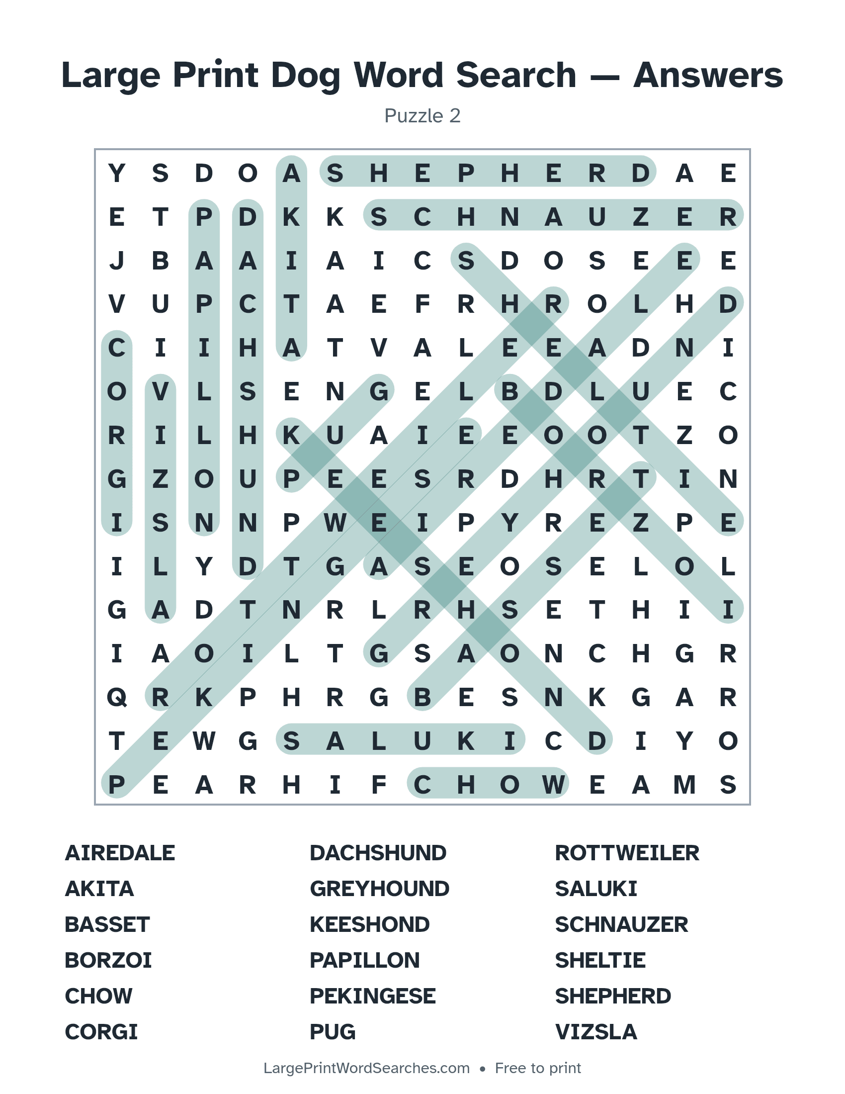 Answer key for large print dog word search puzzle 2 with every hidden word highlighted