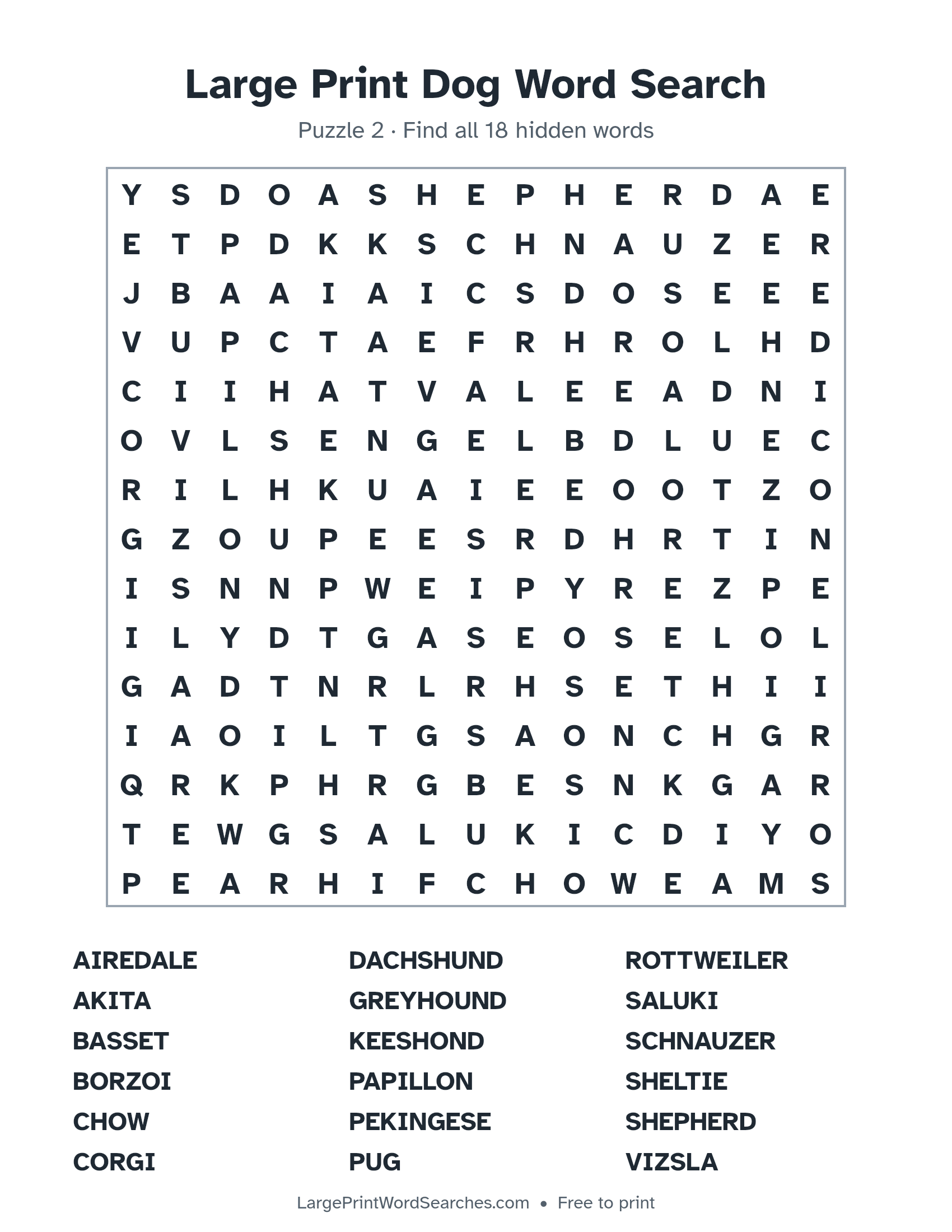 Large Print Dog Word Search puzzle 2: a 15 by 15 letter grid with 18 hidden words in large print