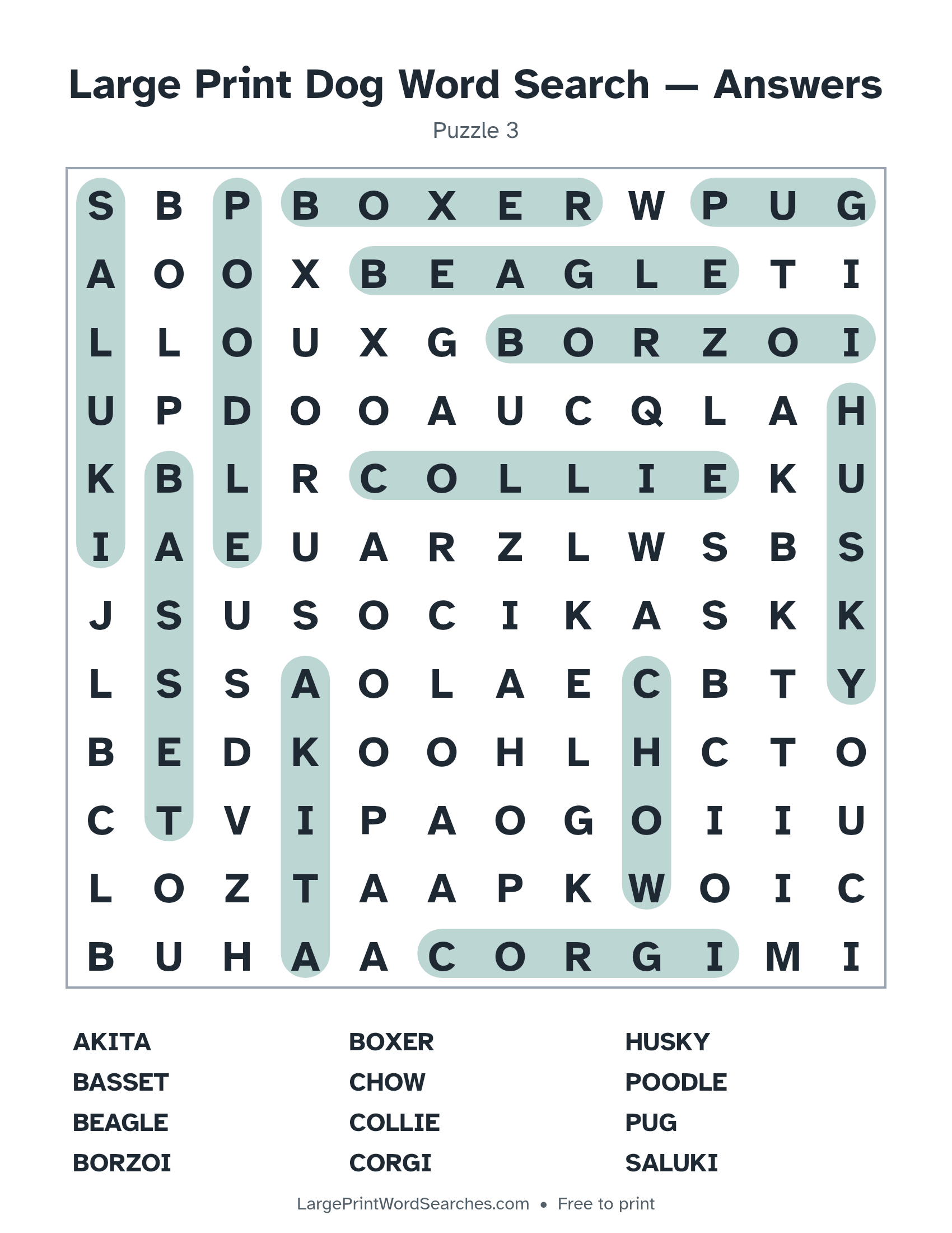 Answer key for large print dog word search puzzle 3 with every hidden word highlighted