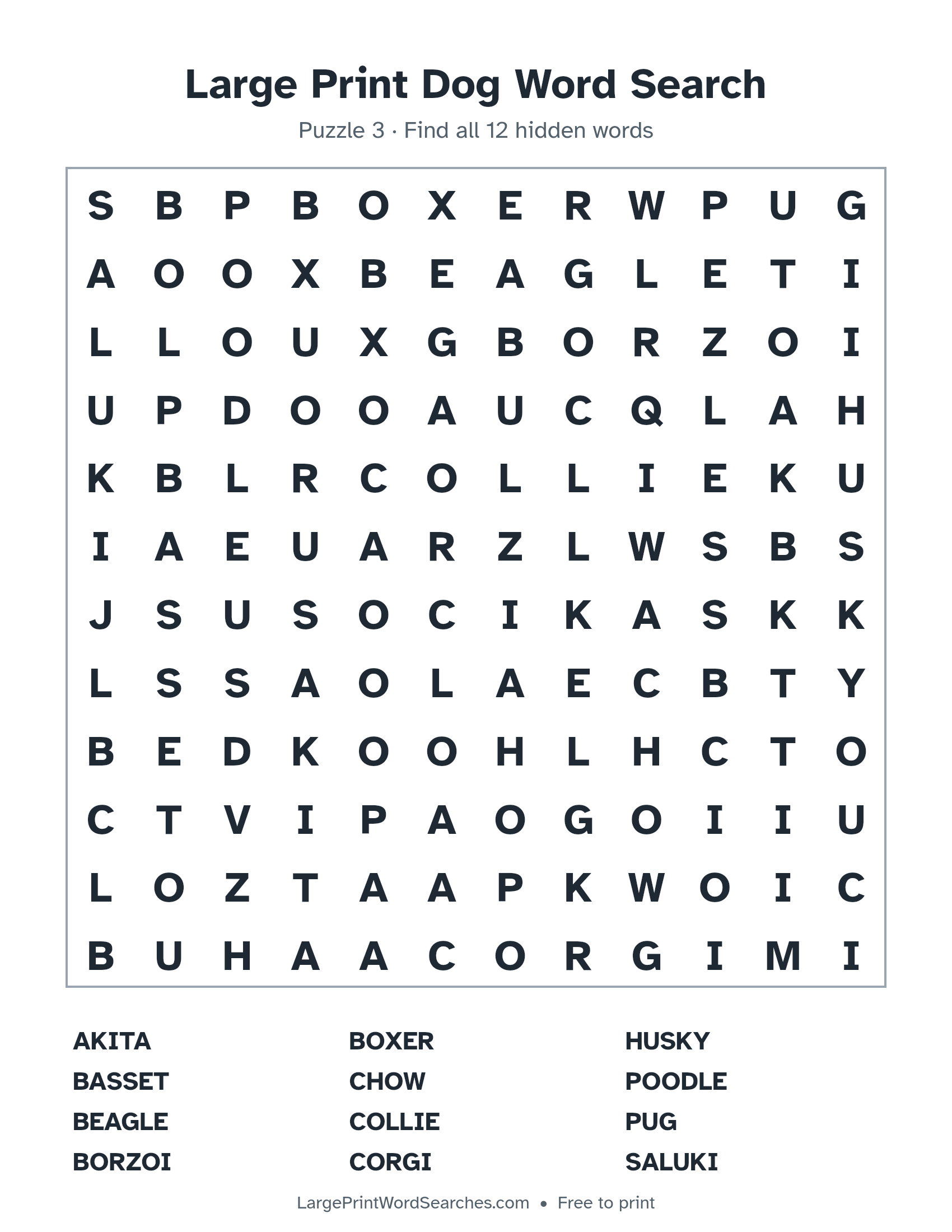 Large Print Dog Word Search puzzle 3: a 12 by 12 letter grid with 12 hidden words in large print
