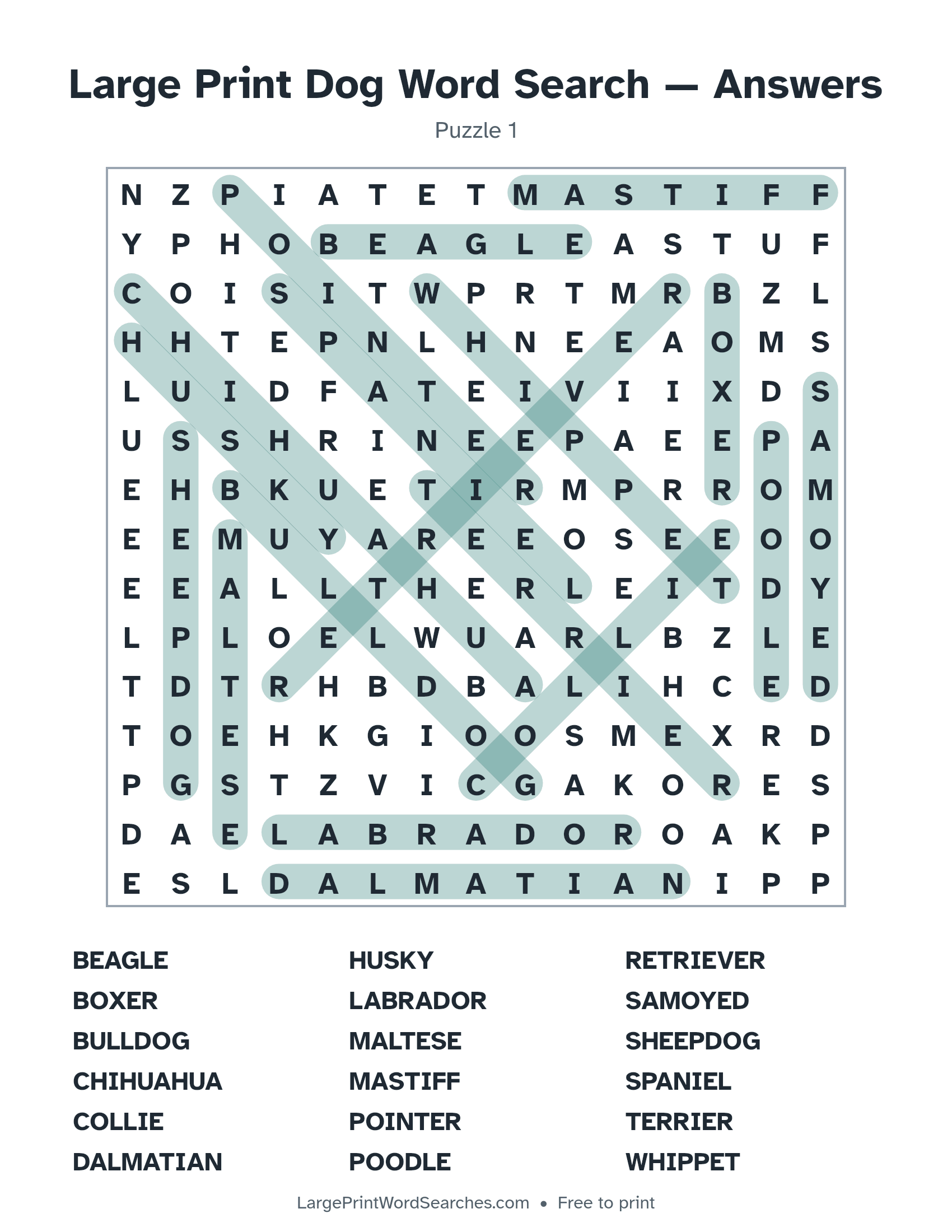 Answer key for large print dog word search puzzle 1 with every hidden word highlighted
