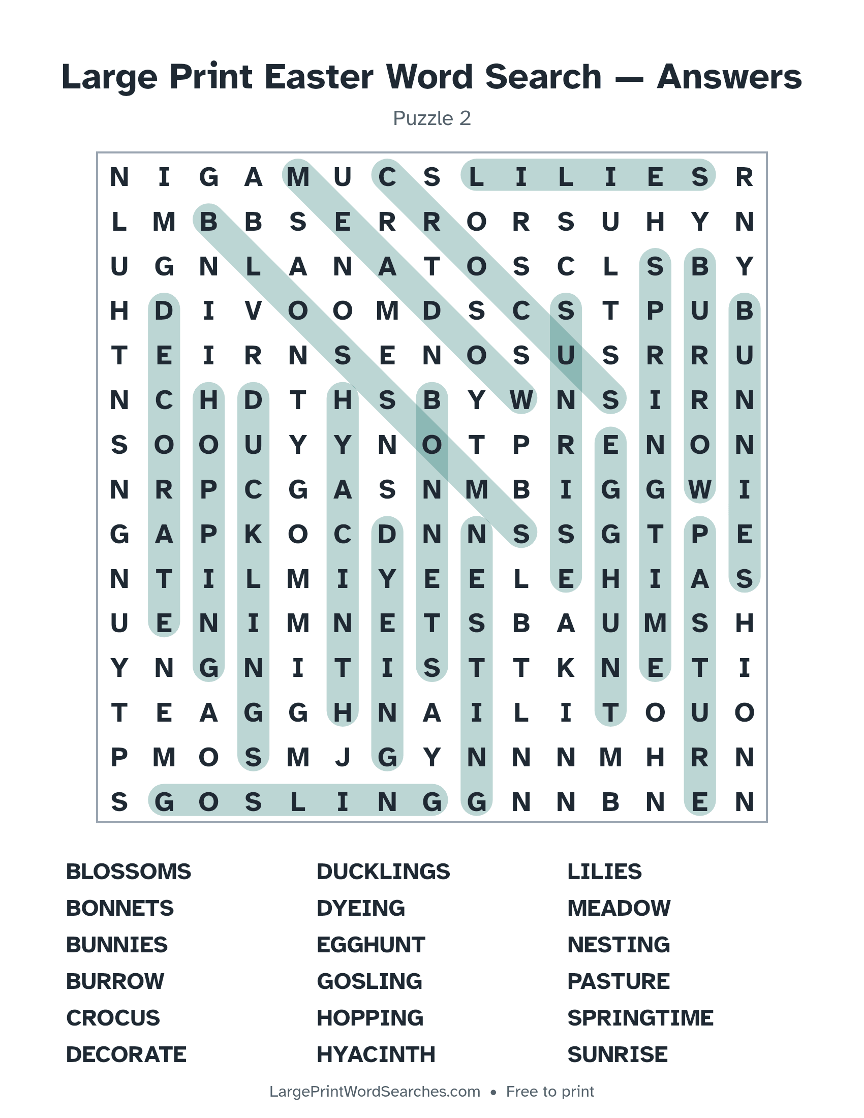 Answer key for large print easter word search puzzle 2 with every hidden word highlighted