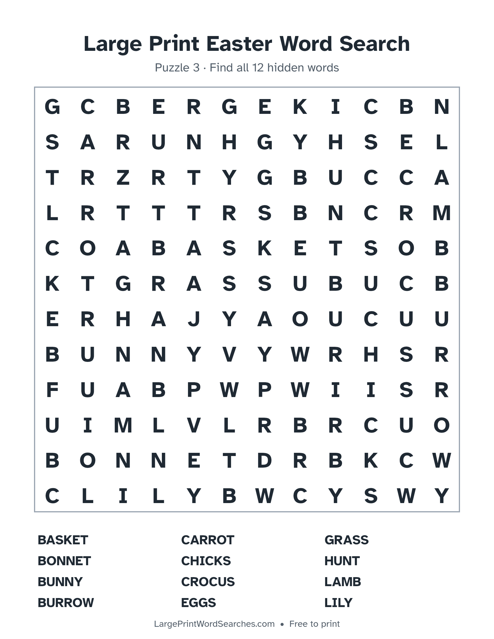 Large Print Easter Word Search puzzle 3: a 12 by 12 letter grid with 12 hidden words in large print