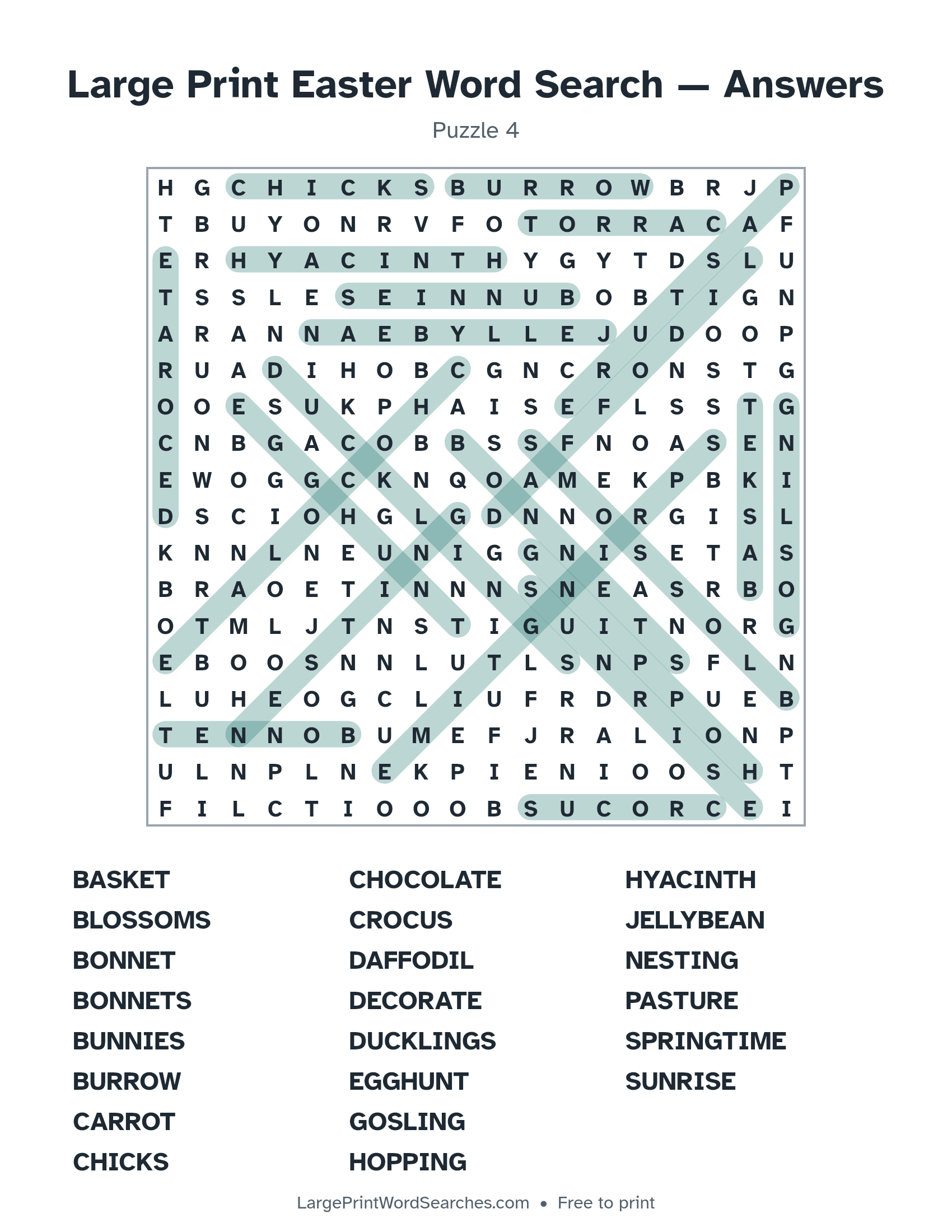 Answer key for large print easter word search puzzle 4 with every hidden word highlighted