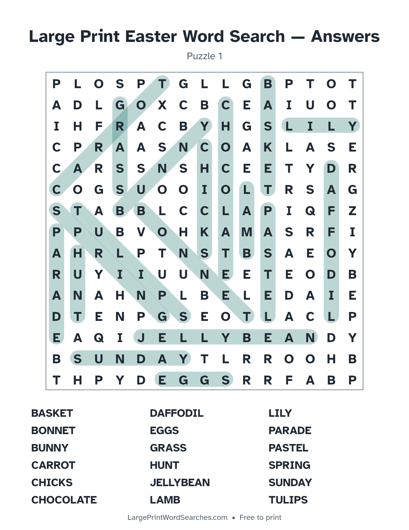 Answer key for large print easter word search puzzle 1 with every hidden word highlighted