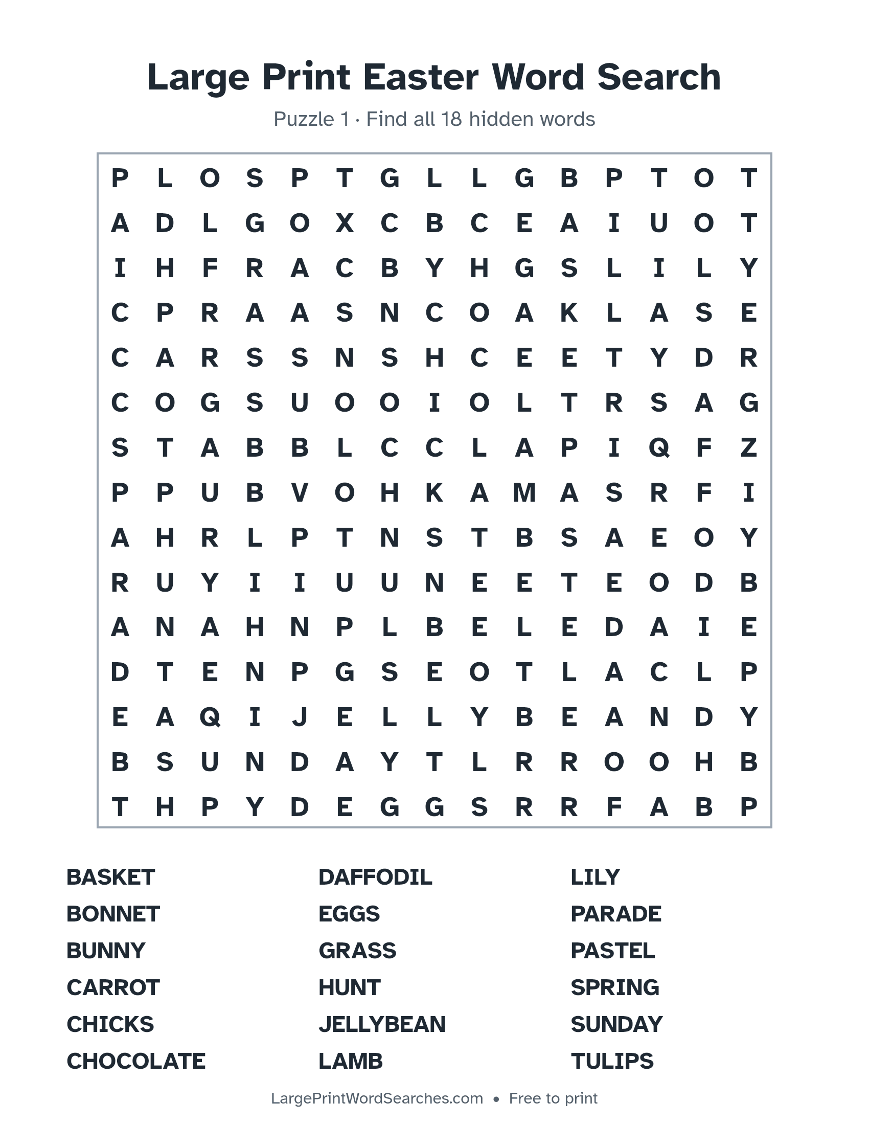 Large Print Easter Word Search puzzle 1: a 15 by 15 letter grid with 18 hidden words in large print