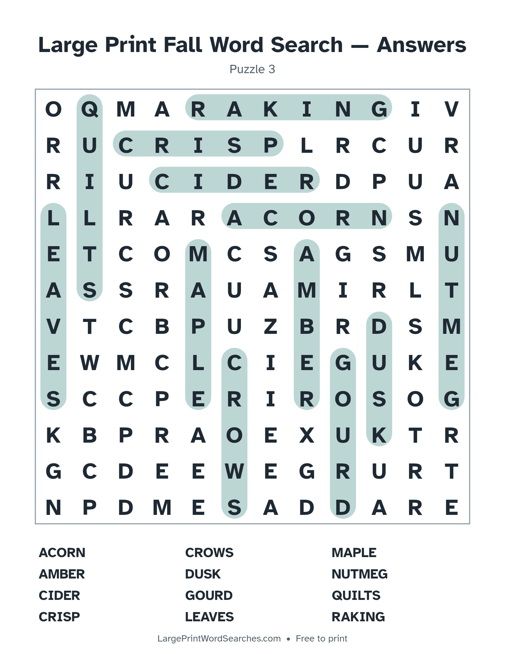 Answer key for large print fall word search puzzle 3 with every hidden word highlighted