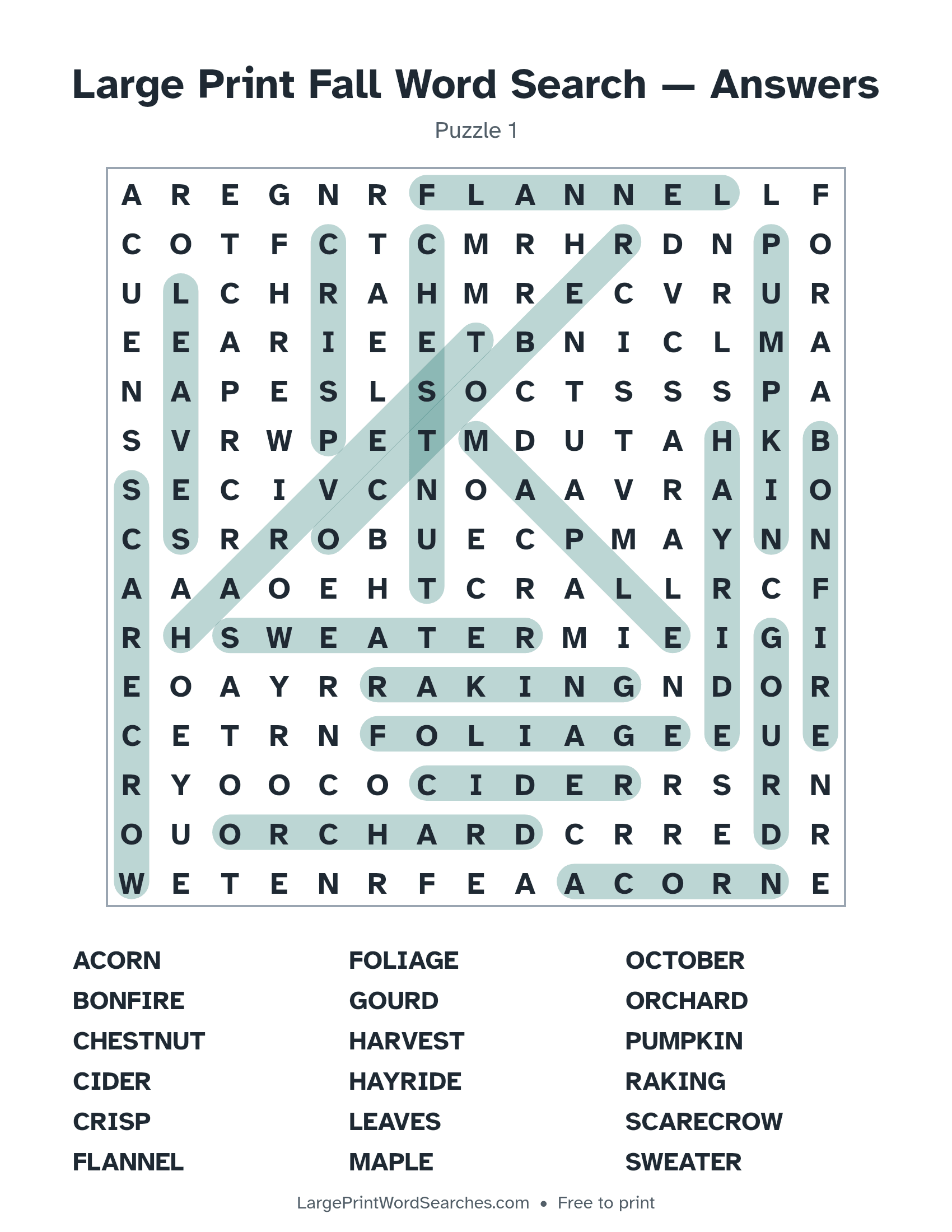 Answer key for large print fall word search puzzle 1 with every hidden word highlighted
