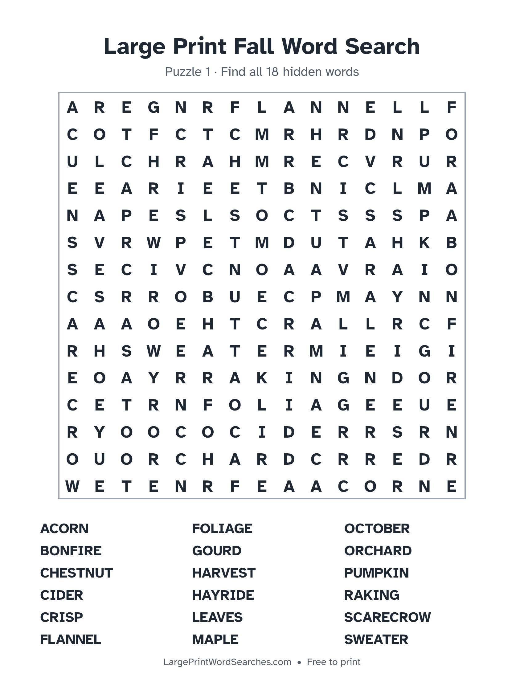 Large Print Fall Word Search puzzle 1: a 15 by 15 letter grid with 18 hidden words in large print