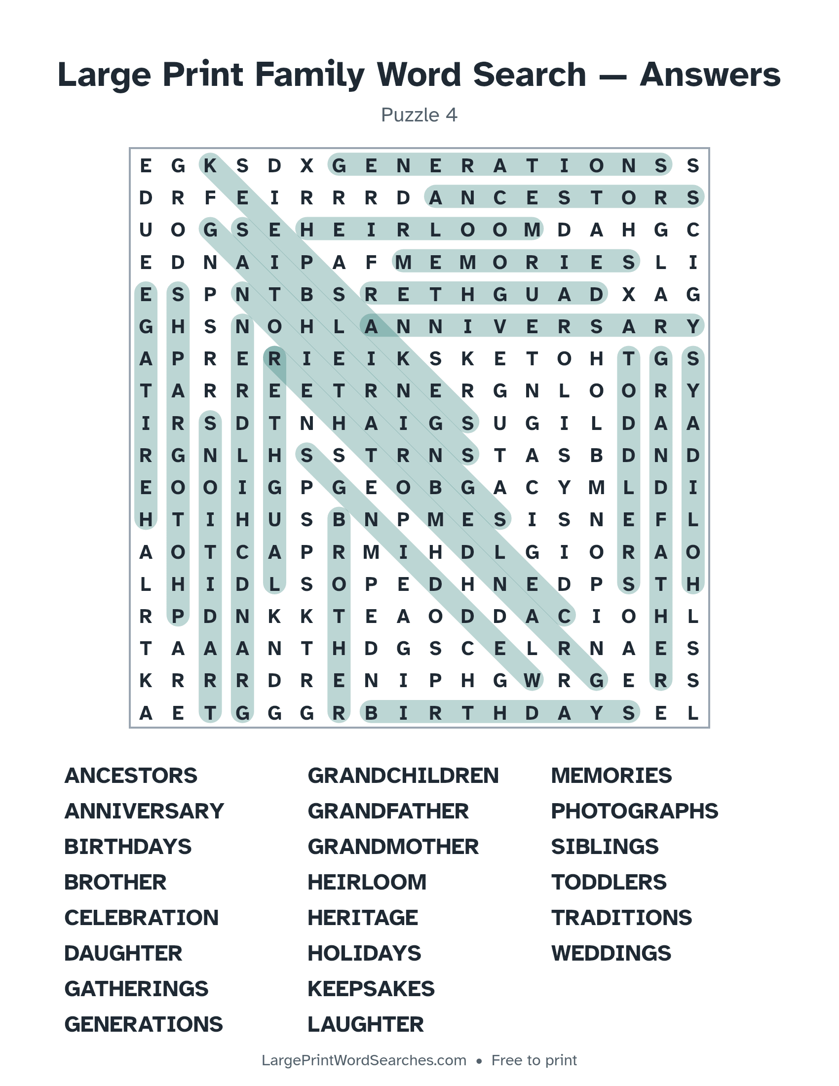 Answer key for large print family word search puzzle 4 with every hidden word highlighted
