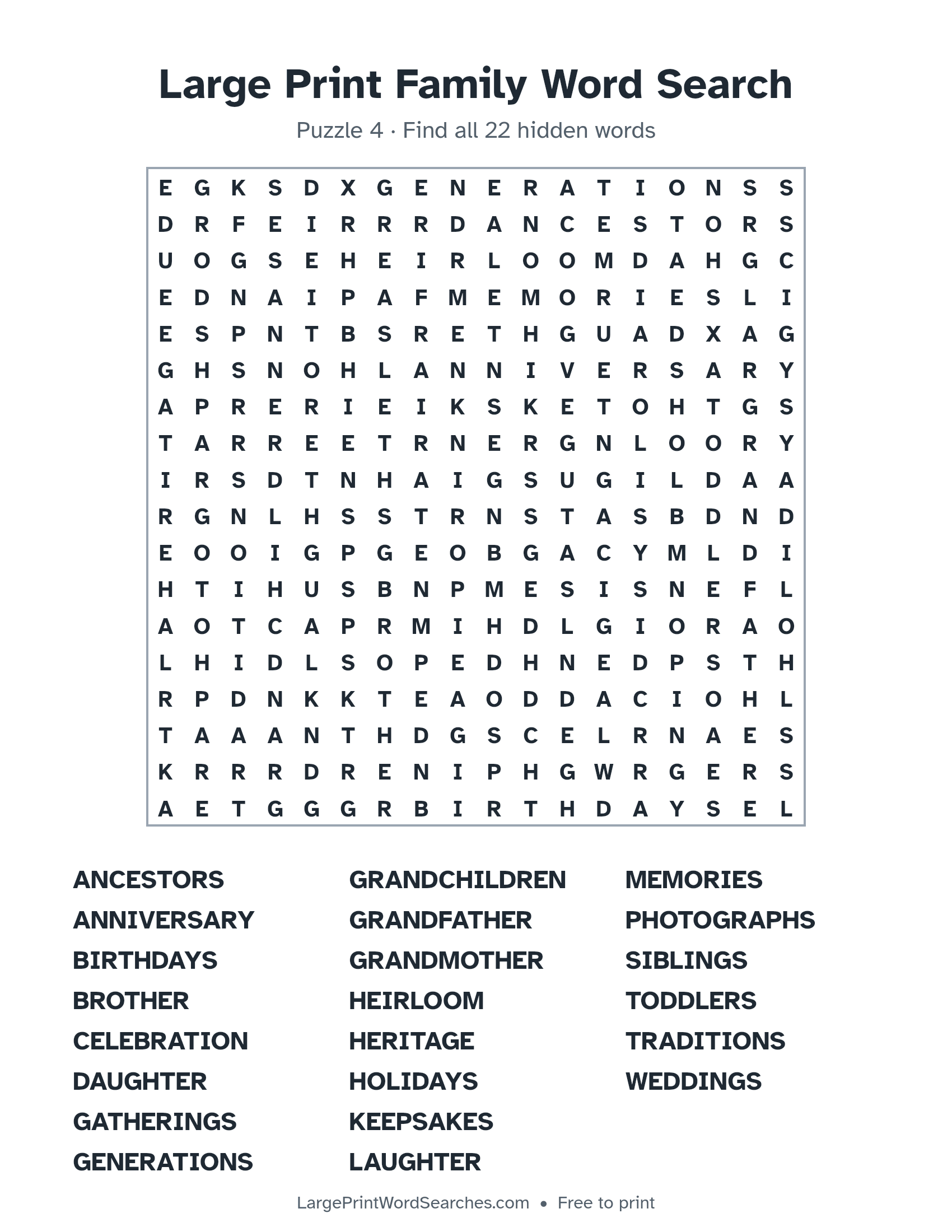 Large Print Family Word Search puzzle 4: a 18 by 18 letter grid with 22 hidden words in large print