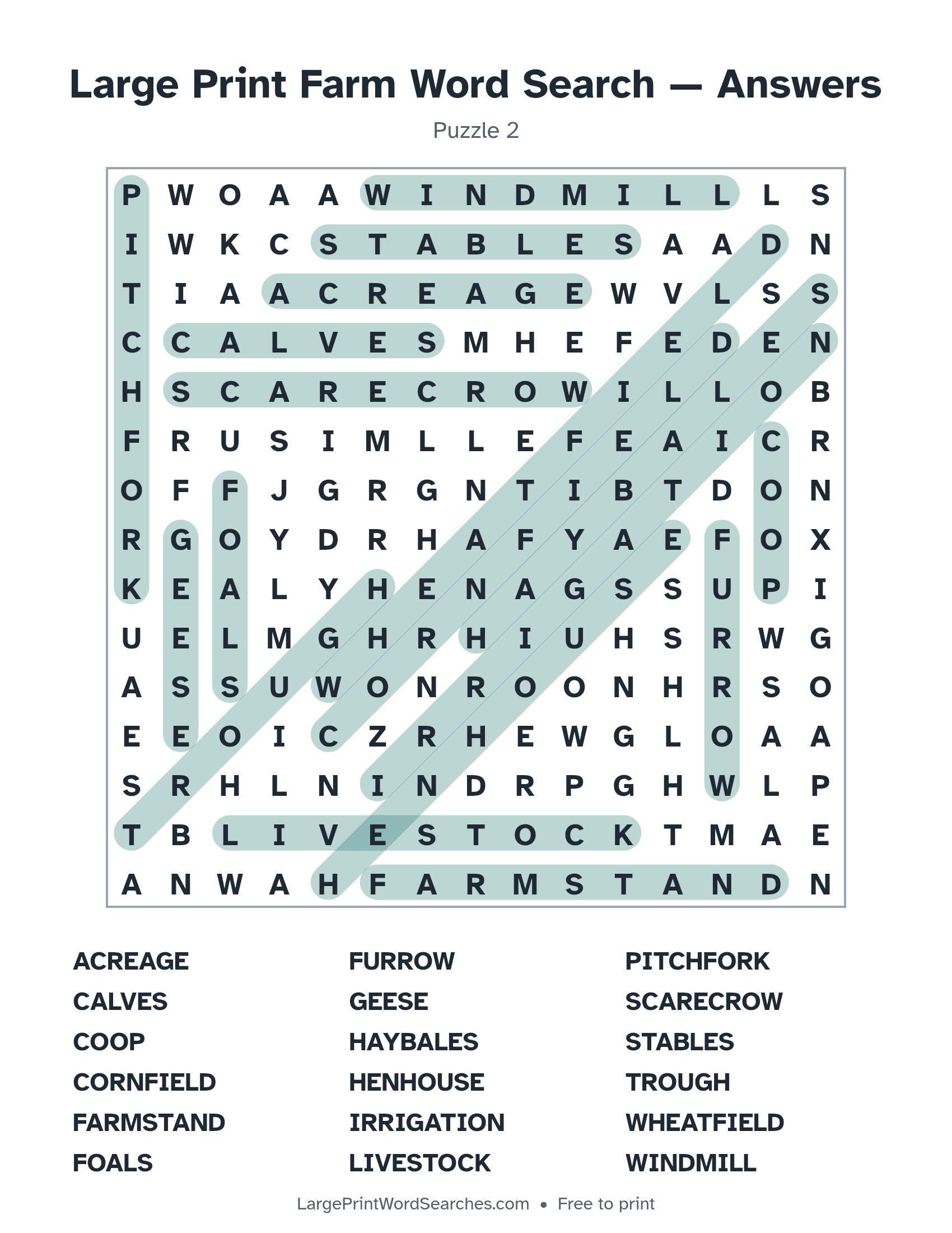 Answer key for large print farm word search puzzle 2 with every hidden word highlighted