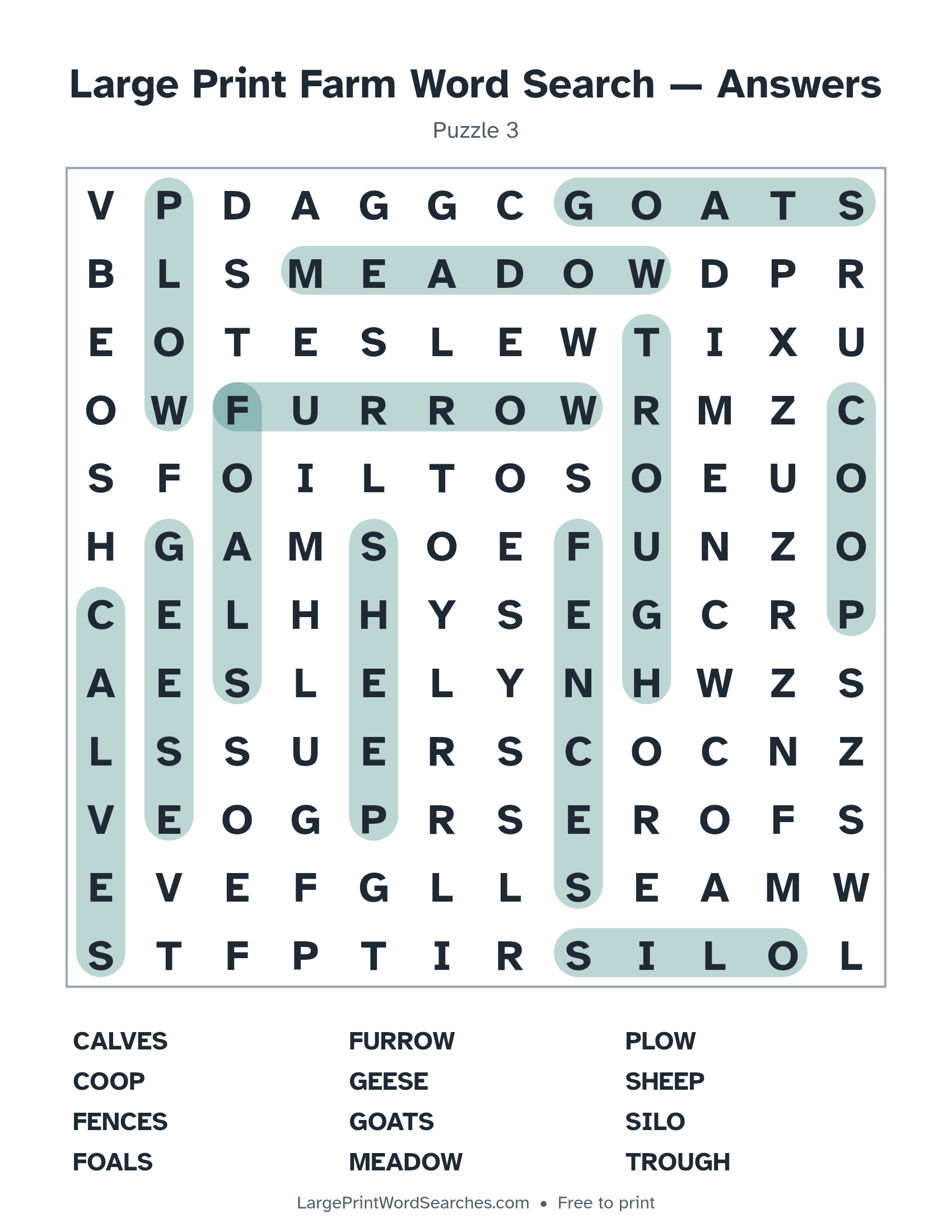 Answer key for large print farm word search puzzle 3 with every hidden word highlighted