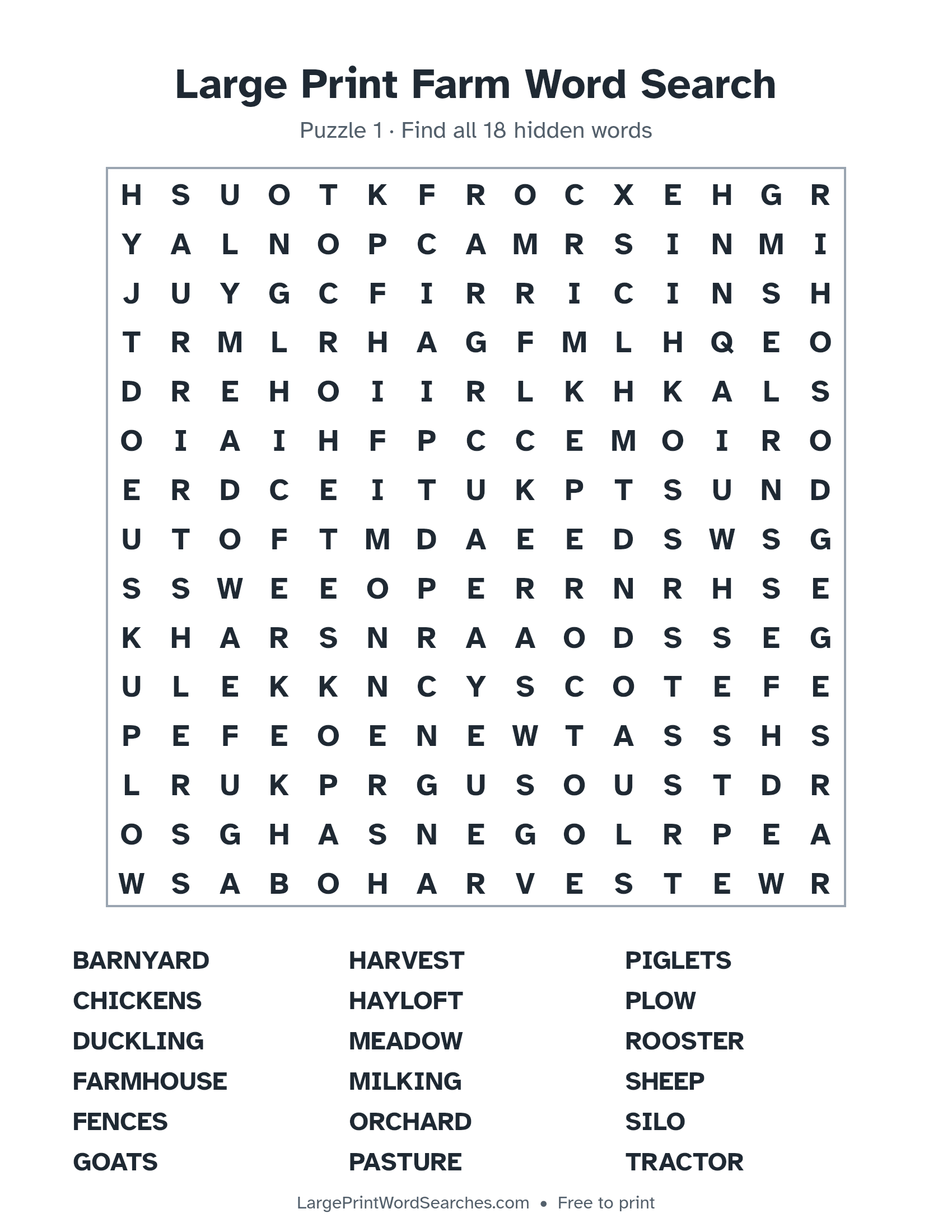 Large Print Farm Word Search puzzle 1: a 15 by 15 letter grid with 18 hidden words in large print
